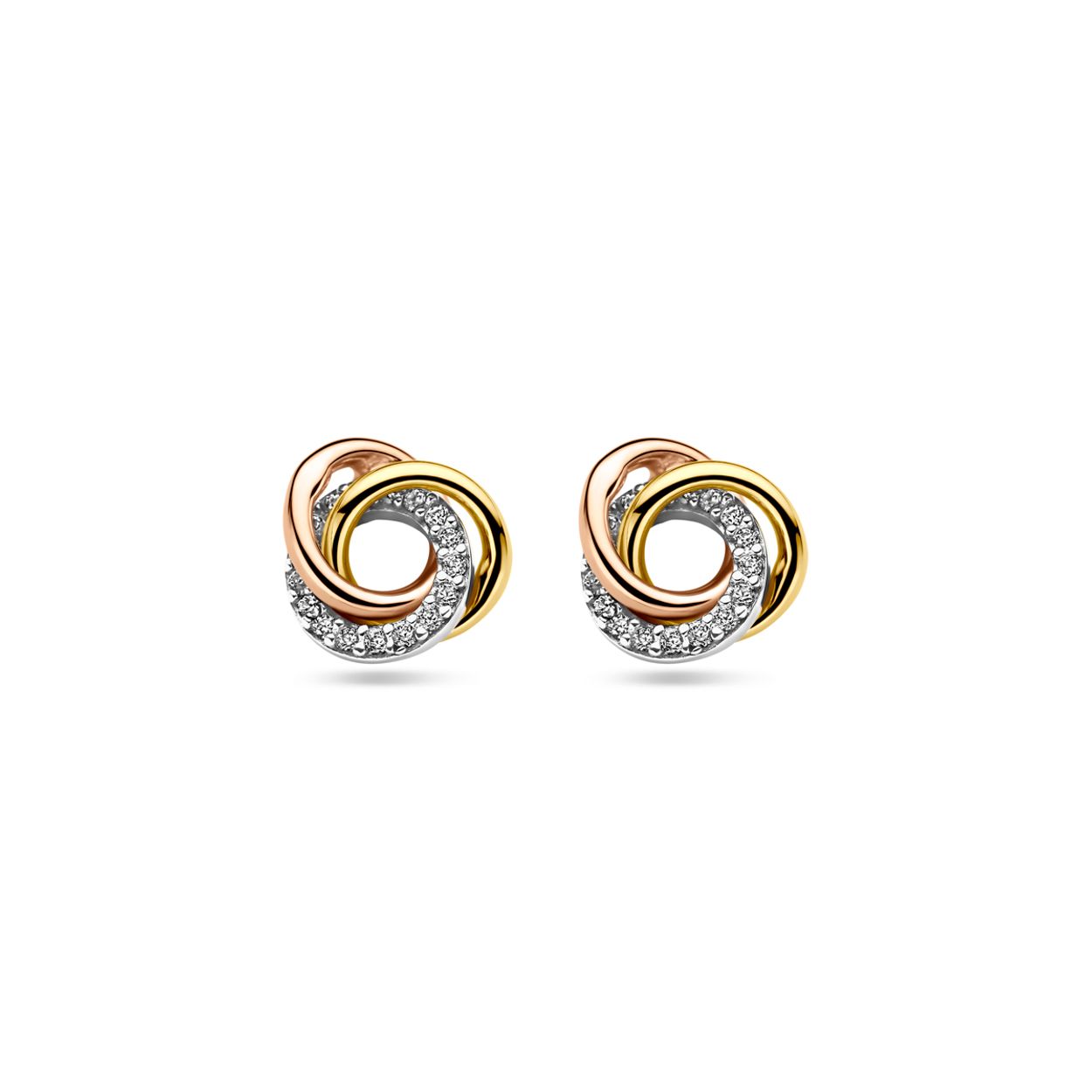 14k Tricolor wit- rosé- en geelgouden oorknoppen uitgevoerd met zirkonia. De oorknoppen hebben een diameter van 9mm.
