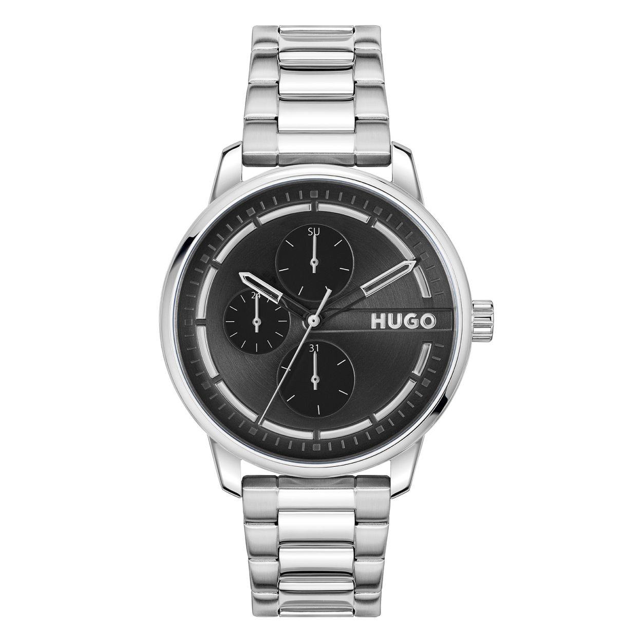 HUGO HU1530368 #STAMP MULTI 44mm
Dit HUGO horloge uit de STAMP MULTI serie met artikelnr. HU1530368 is ontworpen voor de man met durf en die volledig zichzelf is in zijn eigen unieke stijl. Het herenhorloge kenmerkt zich door zijn ronde stalen horlogekast met gladde bezel. Het ontwerp is opvallend vanwege zijn stoere 'kijk mij nou eens' uitstaling, de opengewerkte wijzers en de dag, datum en de 24-uursaanduiding op de zwarte wijzerplaat. Aan de kast zit een zilverkleurige schakelband met een vouwsluiting. Het nette ogende herenhorloge heeft een mineraalglas, een doorsnee van 44mm en is 3ATM.

HET MERK:
HUGO BOSS is afgestemd op levensstijlen waar het gaat om kwaliteit en precisie. Het wereldwijde fashionlabel is verdeeld in twee merken: BOSS en HUGO. Het merk HUGO presenteert eigentijdse en vooruitstrevende designs volgens de laatste fashion trends waarmee mensen worden gestimuleerd om zichzelf te zijn. Scherp maatwerk en casual horloges gecombineerd met een progressieve attitude. HUGO horloges zijn er voor de urban en ruimdenkende man die de leiding durft te nemen. De enige regel van de HUGO-man als het om stijl gaat: zijn authentieke zelf en niets anders.

Maak kennis met de nieuwe horlogecollectie van HUGO.

SPECIFICATIES:
- Mineraalglas
- Ronde kastvorm, Ø 44mm
- Stalen horlogekast
- Zwarte wijzerplaat
- Stalen schakelband
- 3ATM
