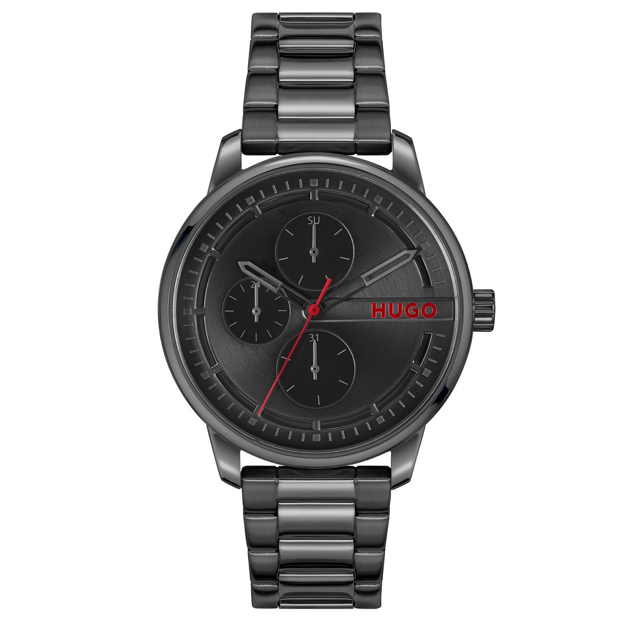 HUGO HU1530369 #STAMP MULTI 44mm
Dit HUGO horloge uit de STAMP MULTI serie met artikelnr. HU1530369 is ontworpen voor de man met durf en die volledig zichzelf is in zijn eigen unieke stijl. Het herenhorloge kenmerkt zich door zijn ronde stalen zwarte horlogekast met gladde bezel. Het ontwerp is opvallend vanwege zijn stoere 'kijk mij nou eens' uitstaling, de opengewerkte wijzers en de dag, datum en de 24-uursaanduiding op de zwarte wijzerplaat. Aan de kast zit een zwarte schakelband met een vouwsluiting. Het nette ogende herenhorloge heeft een mineraalglas, een doorsnee van 44mm en is 3ATM.

HET MERK:
HUGO BOSS is afgestemd op levensstijlen waar het gaat om kwaliteit en precisie. Het wereldwijde fashionlabel is verdeeld in twee merken: BOSS en HUGO. Het merk HUGO presenteert eigentijdse en vooruitstrevende designs volgens de laatste fashion trends waarmee mensen worden gestimuleerd om zichzelf te zijn. Scherp maatwerk en casual horloges gecombineerd met een progressieve attitude. HUGO horloges zijn er voor de urban en ruimdenkende man die de leiding durft te nemen. De enige regel van de HUGO-man als het om stijl gaat: zijn authentieke zelf en niets anders.

Maak kennis met de nieuwe horlogecollectie van HUGO.

SPECIFICATIES:
- Mineraalglas
- Ronde kastvorm, Ø 44mm
- Stalen horlogekast
- Zwarte wijzerplaat
- Stalen schakelband
- 3ATM