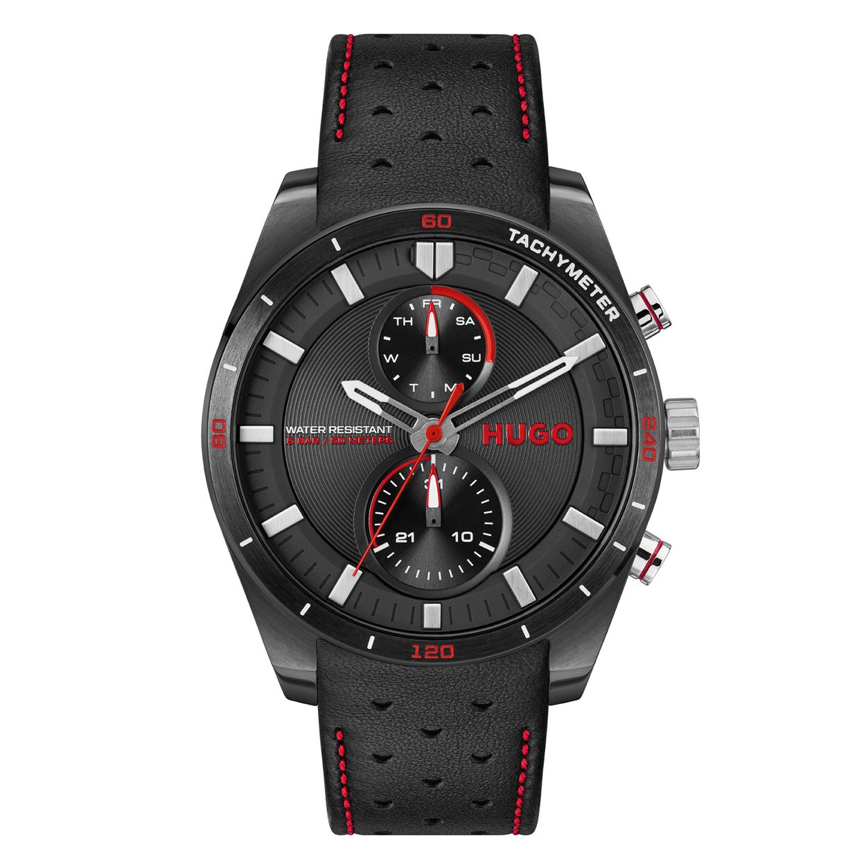 HUGO HU1530370 #FAST 44mm
Dit HUGO horloge uit de FAST serie met artikelnr. HU1530370 is ontworpen voor de man met durf en die volledig zichzelf is in zijn eigen unieke stijl. Het herenhorloge kenmerkt zich door zijn stalen ronde zwarte horlogekast met zwarte bedrukte bezel. Het ontwerp is opvallend vanwege zijn stoere 'kijk mij nou eens' uitstaling, de rode secondewijzer en de rode en witte accenten op de zwarte wijzerplaat. Het herenhorloge heeft een dag,- datumaanduiding. Aan de kast zit een zwarte lerenband met een gespsluiting. Het nette ogende herenhorloge heeft een mineraalglas, een doorsnee van 44mm en is 5ATM.

HET MERK:
HUGO BOSS is afgestemd op levensstijlen waar het gaat om kwaliteit en precisie. Het wereldwijde fashionlabel is verdeeld in twee merken: BOSS en HUGO. Het merk HUGO presenteert eigentijdse en vooruitstrevende designs volgens de laatste fashion trends waarmee mensen worden gestimuleerd om zichzelf te zijn. Scherp maatwerk en casual horloges gecombineerd met een progressieve attitude. HUGO horloges zijn er voor de urban en ruimdenkende man die de leiding durft te nemen. De enige regel van de HUGO-man als het om stijl gaat: zijn authentieke zelf en niets anders.

Maak kennis met de nieuwe horlogecollectie van HUGO.

SPECIFICATIES:
- Mineraalglas
- Ronde kastvorm, Ø 44mm
- Stalen horlogekast
- Zwarte wijzerplaat
- Zwarte lerenband
- 5ATM