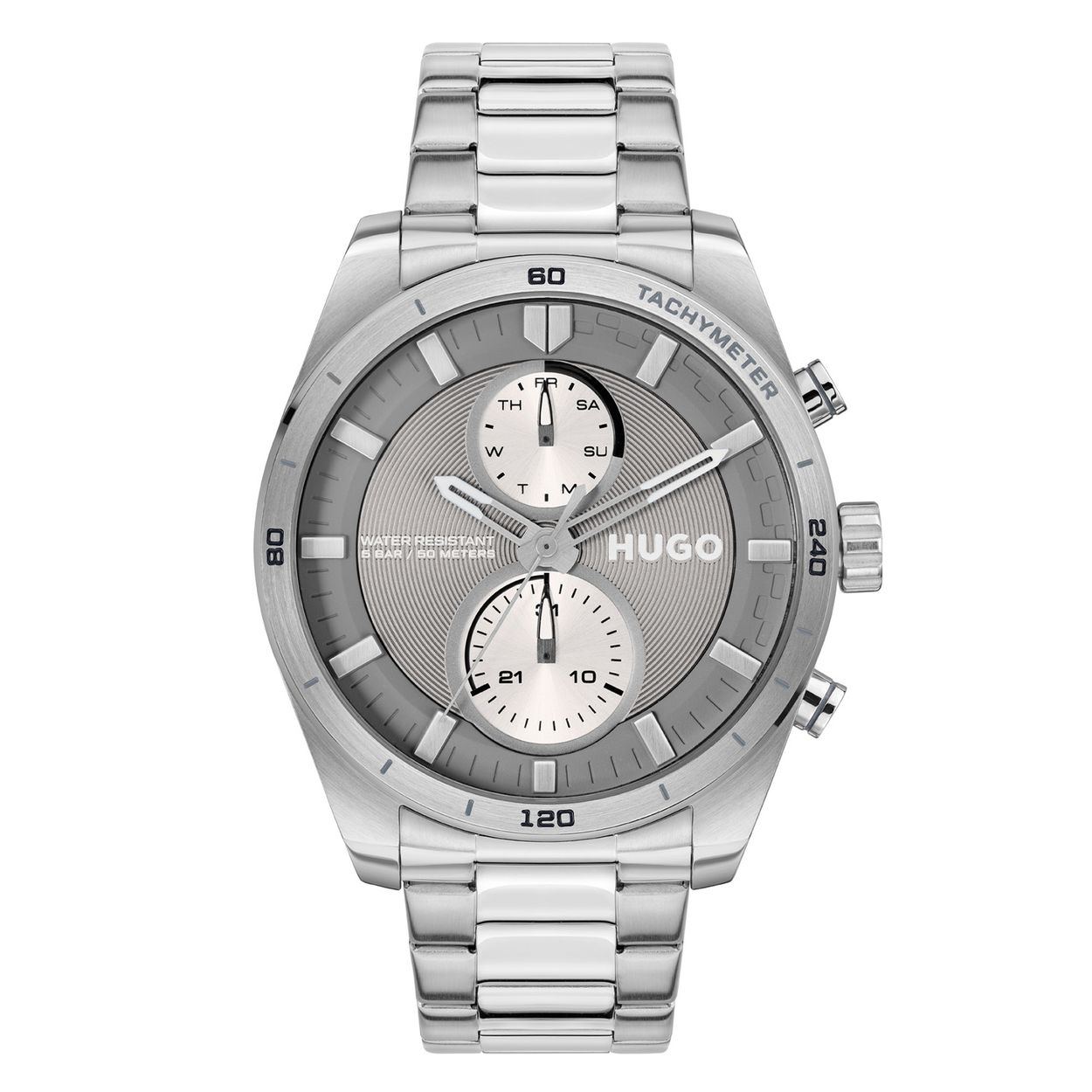 HUGO HU1530372 #FAST 44mm
Dit HUGO horloge uit de FAST serie met artikelnr. HU1530372 is ontworpen voor de man met durf en die volledig zichzelf is in zijn eigen unieke stijl. Het herenhorloge kenmerkt zich door zijn ronde stalen horlogekast met grijze bedrukte bezel. Het ontwerp is opvallend vanwege zijn stoere 'kijk mij nou eens' uitstaling, de witte wijzers en de witte accenten op de grijze wijzerplaat. Het herenhorloge heeft een dag,- datumaanduiding. Aan de kast zit een zilverkleurige stalen schakelband met een vouwsluiting. Het nette ogende herenhorloge heeft een mineraalglas, een doorsnee van 44mm en is 5ATM.

HET MERK:
HUGO BOSS is afgestemd op levensstijlen waar het gaat om kwaliteit en precisie. Het wereldwijde fashionlabel is verdeeld in twee merken: BOSS en HUGO. Het merk HUGO presenteert eigentijdse en vooruitstrevende designs volgens de laatste fashion trends waarmee mensen worden gestimuleerd om zichzelf te zijn. Scherp maatwerk en casual horloges gecombineerd met een progressieve attitude. HUGO horloges zijn er voor de urban en ruimdenkende man die de leiding durft te nemen. De enige regel van de HUGO-man als het om stijl gaat: zijn authentieke zelf en niets anders.

Maak kennis met de nieuwe horlogecollectie van HUGO.

SPECIFICATIES:
- Mineraalglas
- Ronde kastvorm, Ã 44mm
- Stalen horlogekast
- Grijze wijzerplaat
- Stalen schakelband
- 5ATM