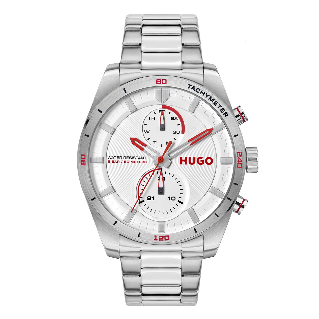 HUGO HU1530373 #FAST 44mm
Dit HUGO horloge uit de FAST serie met artikelnr. HU1530373 is ontworpen voor de man met durf en die volledig zichzelf is in zijn eigen unieke stijl. Het herenhorloge kenmerkt zich door zijn ronde stalen horlogekast met bedrukte bezel. Het ontwerp is opvallend vanwege zijn stoere 'kijk mij nou eens' uitstaling en de wijzers met witte en rode accenten op de witte wijzerplaat. Het herenhorloge heeft een dag,- datumaanduiding. Aan de kast zit een zilverkleurige stalen schakelband met een vouwsluiting. Het nette ogende herenhorloge heeft een mineraalglas, een doorsnee van 44mm en is 5ATM.

HET MERK:
HUGO BOSS is afgestemd op levensstijlen waar het gaat om kwaliteit en precisie. Het wereldwijde fashionlabel is verdeeld in twee merken: BOSS en HUGO. Het merk HUGO presenteert eigentijdse en vooruitstrevende designs volgens de laatste fashion trends waarmee mensen worden gestimuleerd om zichzelf te zijn. Scherp maatwerk en casual horloges gecombineerd met een progressieve attitude. HUGO horloges zijn er voor de urban en ruimdenkende man die de leiding durft te nemen. De enige regel van de HUGO-man als het om stijl gaat: zijn authentieke zelf en niets anders.

Maak kennis met de nieuwe horlogecollectie van HUGO.

SPECIFICATIES:
- Mineraalglas
- Ronde kastvorm, Ø 44mm
- Stalen horlogekast
- Witte wijzerplaat
- Stalen schakelband
- 5ATM