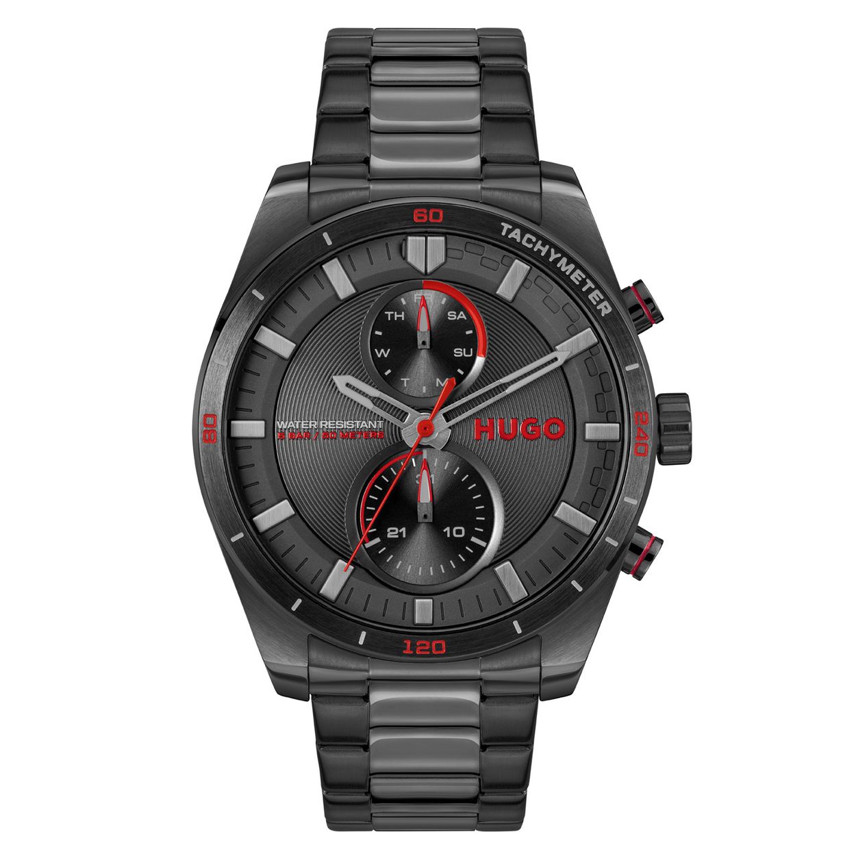 HUGO HU1530374 #FAST 44mm
Dit HUGO horloge uit de FAST serie met artikelnr. HU1530374 is ontworpen voor de man met durf en die volledig zichzelf is in zijn eigen unieke stijl. Het herenhorloge kenmerkt zich door zijn zwarte ronde stalen horlogekast met bedrukte bezel. Het ontwerp is opvallend vanwege zijn stoere 'kijk mij nou eens' uitstaling en de wijzers met grijze en rode accenten op de zwarte wijzerplaat. Het herenhorloge heeft een dag,- datumaanduiding. Aan de kast zit een zwarte stalen schakelband met een vouwsluiting. Het nette ogende herenhorloge heeft een mineraalglas, een doorsnee van 44mm en is 5ATM.

HET MERK:
HUGO BOSS is afgestemd op levensstijlen waar het gaat om kwaliteit en precisie. Het wereldwijde fashionlabel is verdeeld in twee merken: BOSS en HUGO. Het merk HUGO presenteert eigentijdse en vooruitstrevende designs volgens de laatste fashion trends waarmee mensen worden gestimuleerd om zichzelf te zijn. Scherp maatwerk en casual horloges gecombineerd met een progressieve attitude. HUGO horloges zijn er voor de urban en ruimdenkende man die de leiding durft te nemen. De enige regel van de HUGO-man als het om stijl gaat: zijn authentieke zelf en niets anders.

Maak kennis met de nieuwe horlogecollectie van HUGO.

SPECIFICATIES:
- Mineraalglas
- Ronde kastvorm, Ø 44mm
- Stalen horlogekast
- Zwarte wijzerplaat
- Stalen schakelband
- 5ATM