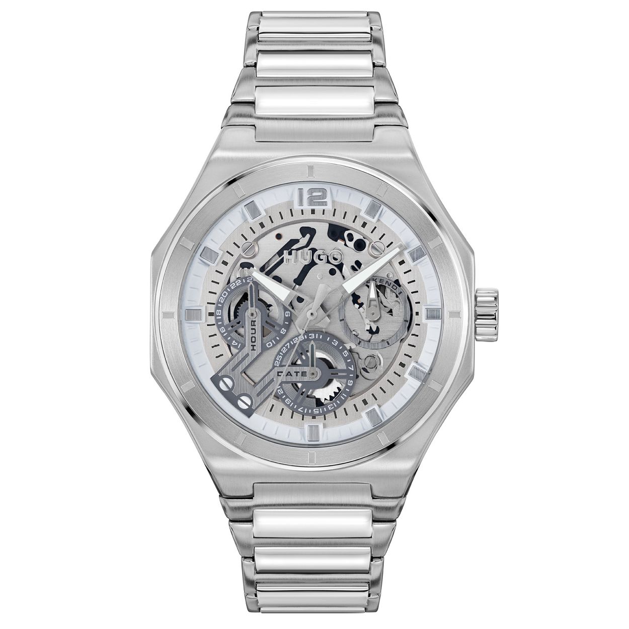 HUGO HU1530377 #GRAIL SKELETON 44mm
Dit HUGO horloge uit de GRAIL SKELETON serie met artikelnr. HU1530377 is ontworpen voor de man met durf en die volledig zichzelf is in zijn eigen unieke stijl. Het herenhorloge kenmerkt zich door zijn hoekige stalen horlogekast met bedrukte bezel. Het ontwerp is opvallend vanwege zijn stoere 'kijk mij nou eens' uitstaling en de opengewerkte wijzerplaat en de witte accenten en wijzers. Het herenhorloge heeft een dag,- datum en 24-uursaanduiding. Aan de kast zit een stalen schakelband met een vouwsluiting. Het nette ogende herenhorloge heeft een mineraalglas, een doorsnee van 44mm en is 5ATM.

HET MERK:
HUGO BOSS is afgestemd op levensstijlen waar het gaat om kwaliteit en precisie. Het wereldwijde fashionlabel is verdeeld in twee merken: BOSS en HUGO. Het merk HUGO presenteert eigentijdse en vooruitstrevende designs volgens de laatste fashion trends waarmee mensen worden gestimuleerd om zichzelf te zijn. Scherp maatwerk en casual horloges gecombineerd met een progressieve attitude. HUGO horloges zijn er voor de urban en ruimdenkende man die de leiding durft te nemen. De enige regel van de HUGO-man als het om stijl gaat: zijn authentieke zelf en niets anders.

Maak kennis met de nieuwe horlogecollectie van HUGO.

SPECIFICATIES:
- Mineraalglas
- Ronde kastvorm, Ø 44mm
- Stalen horlogekast
- Opengewerkte wijzerplaat
- Stalen schakelband
- 5ATM