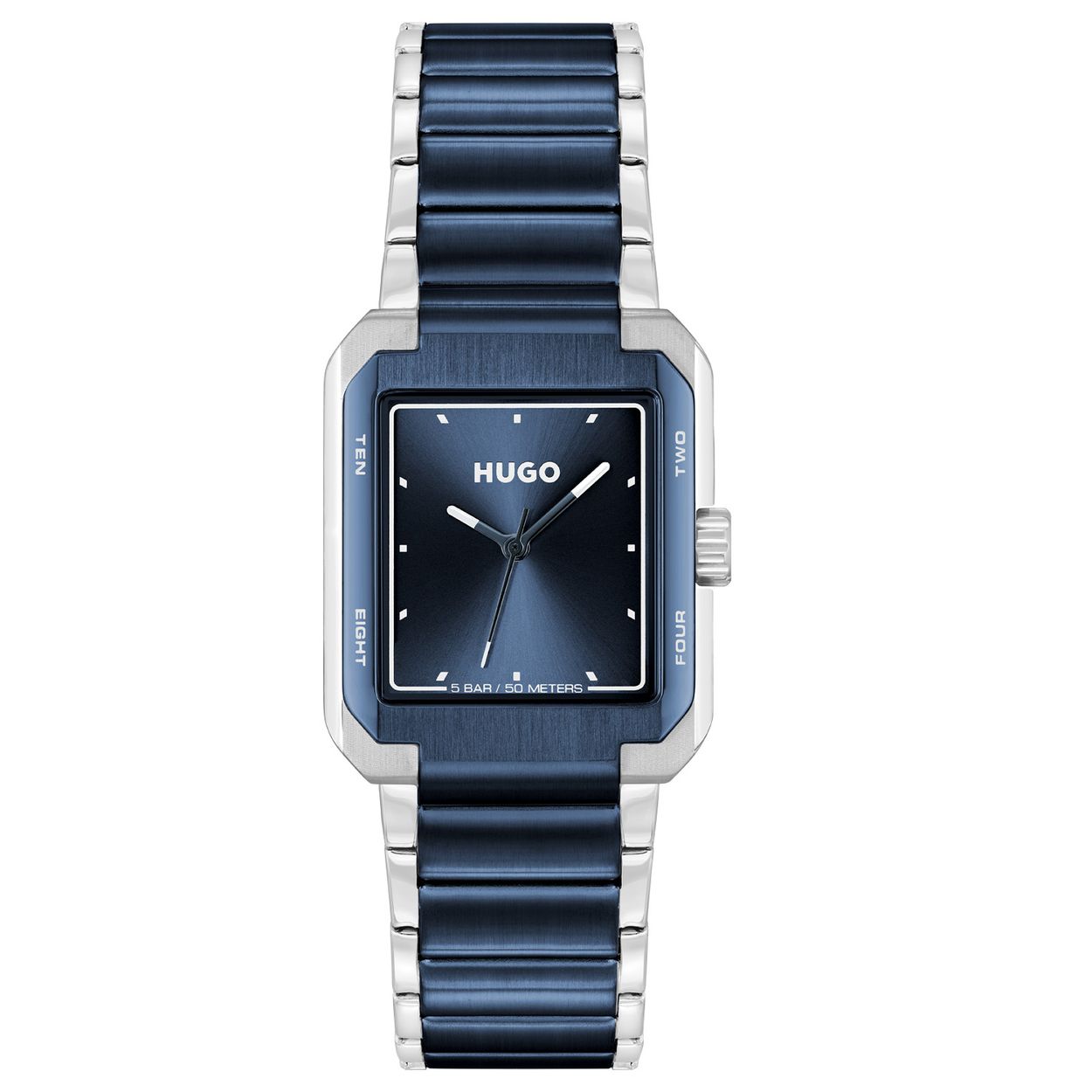 
Dit HUGO horloge uit de THRIVE ANALOG serie met artikelnr. HU1530382 is ontworpen voor de man met durf en die volledig zichzelf is in zijn eigen unieke stijl. Het herenhorloge kenmerkt zich door zijn rechthoekige stalen horlogekast met blauwe bezel. Het ontwerp is opvallend vanwege zijn stoere 'kijk mij nou eens' uitstaling, de miniscule streepjes op de uren en de lumibrite op de wijzers op een blauwe wijzerplaat. Aan de kast zit een tweekleurige schakelband, de band is staal en heeft een blauwe band in het midden. Het nette ogende herenhorloge heeft een mineraalglas, een afmeting van 30x40mm is 5ATM.

