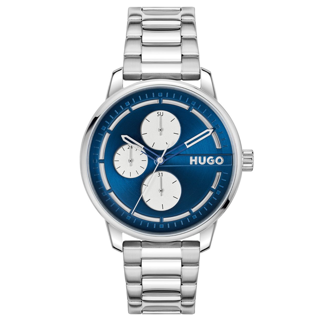HUGO HU1530386 #STAMP MULTI 44mm
Dit HUGO horloge uit de STAMP MULTI serie met artikelnr. HU1530386 is ontworpen voor de man met durf en die volledig zichzelf is in zijn eigen unieke stijl. Het herenhorloge kenmerkt zich door zijn ronde stalen horlogekast met gladde bezel. Het ontwerp is opvallend vanwege zijn stoere 'kijk mij nou eens' uitstaling, de opengewerkte wijzers en de dag, datum en de 24-uursaanduiding op de blauwe wijzerplaat. Aan de kast zit een zilverkleurige schakelband met een vouwsluiting. Het nette ogende herenhorloge heeft een mineraalglas, een doorsnee van 44mm en is 3ATM.

HET MERK:
HUGO BOSS is afgestemd op levensstijlen waar het gaat om kwaliteit en precisie. Het wereldwijde fashionlabel is verdeeld in twee merken: BOSS en HUGO. Het merk HUGO presenteert eigentijdse en vooruitstrevende designs volgens de laatste fashion trends waarmee mensen worden gestimuleerd om zichzelf te zijn. Scherp maatwerk en casual horloges gecombineerd met een progressieve attitude. HUGO horloges zijn er voor de urban en ruimdenkende man die de leiding durft te nemen. De enige regel van de HUGO-man als het om stijl gaat: zijn authentieke zelf en niets anders.

Maak kennis met de nieuwe horlogecollectie van HUGO.

SPECIFICATIES:
- Mineraalglas
- Ronde kastvorm, Ø 44mm
- Stalen horlogekast
- Blauwe wijzerplaat
- Stalen schakelband
- 3ATM