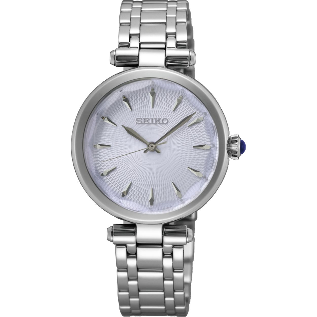 Dit is een dameshorloge van het merk Seiko. Het is een analoog horloge gemaakt van staal. De diameter van de kast is 30 mm en de kast is 7.1 mm dik.
De verdere specificaties van het horloge zijn als volgt:
Kastvorm: rond
Kastkleur: zilverkleurig
Kastmateriaal: staal
Bandbreedte: 14 mm
Bandlengte: 215 mm
Sluiting: vouwsluiting met drukker
Wijzerplaatkleur: wit
Glassoort: hardlex mineraal glas
Waterdichtheid: 5 ATM
Techniek: quartz