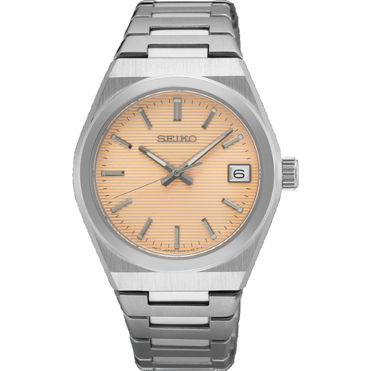 Dit is een dameshorloge van het merk Seiko. Het is een analoog horloge gemaakt van staal. De diameter van de kast is 34 mm en de kast is 8.2 mm dik.
De verdere specificaties van het horloge zijn als volgt:
Kastvorm: rond
Kastkleur: zilverkleurig
Kastmateriaal: staal
Bandbreedte: 16 mm
Bandlengte: 224 mm
Sluiting: vouwsluiting met drukker
Wijzerplaatkleur: roze
Glassoort: saffier glas
Waterdichtheid: 10 ATM
Techniek: quartz