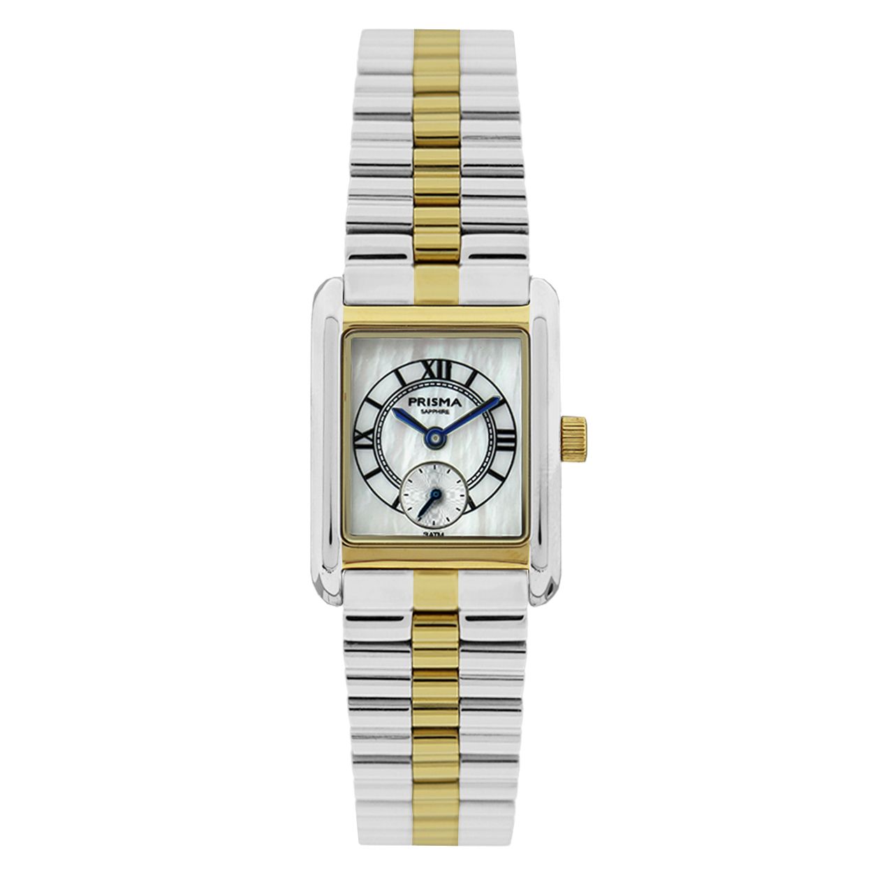 Prisma horloge P2612 Amazone edelstaal met bicolor bracelet schakelband saffier glas

Algemeen
Geslacht: dames
Model: P2612

Voordelen
- Zeer confortabele bicolor staalband 
- Parelmoer wijzerplaat zwarte index en romeinse cijfers en apartesekonde wijzer
- Zwitsers quarts uurwerk
- glas is krasvast
- spat waterdicht: handenwassen, regen
- maat kast 21.5 / 29mm (breedte) 6.3mm (dikte)

