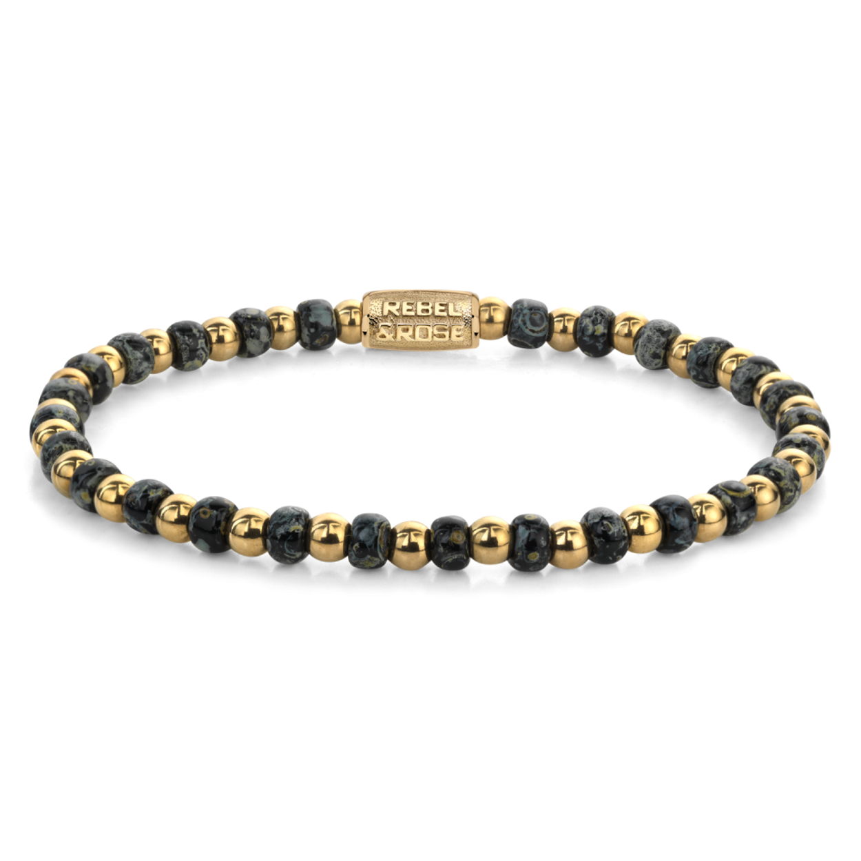Armband van het merk Rebel & Rose. De armband heeft een hoogwaardige elastische stretch koord, met 4mm van Glas Rocailles, RVS 18kt ion-gold plated.