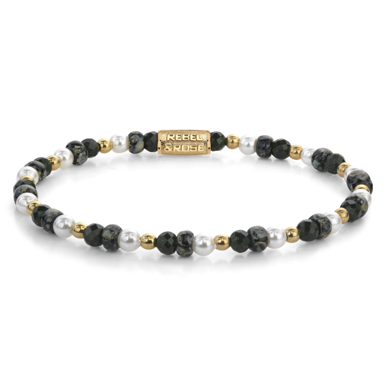 Armband van het merk Rebel & Rose. De armband heeft een hoogwaardige elastische stretch koord, met 4mm van Natural Green Sandstone, Shell Pearl, Glass Rocailles, RVS 18kt ion-gold plated.