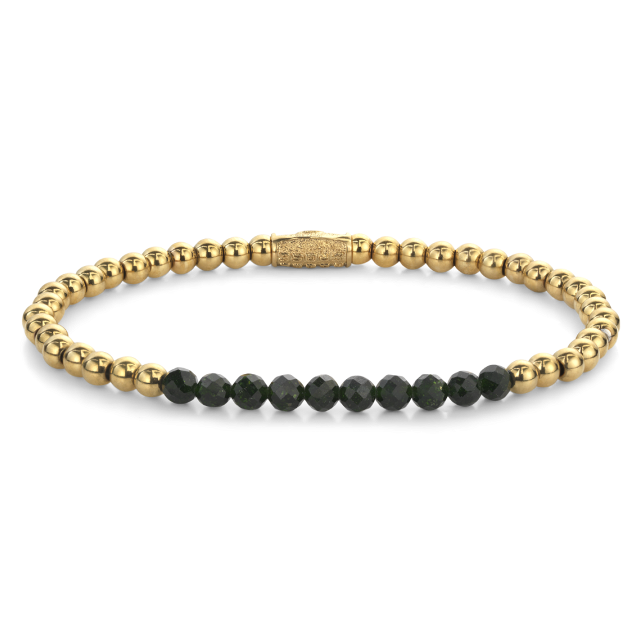 Armband van het merk Rebel & Rose. De armband heeft een hoogwaardige elastische stretch koord, met 4mm van Natural Green Sandstone, RVS 18kt ion-gold plated.