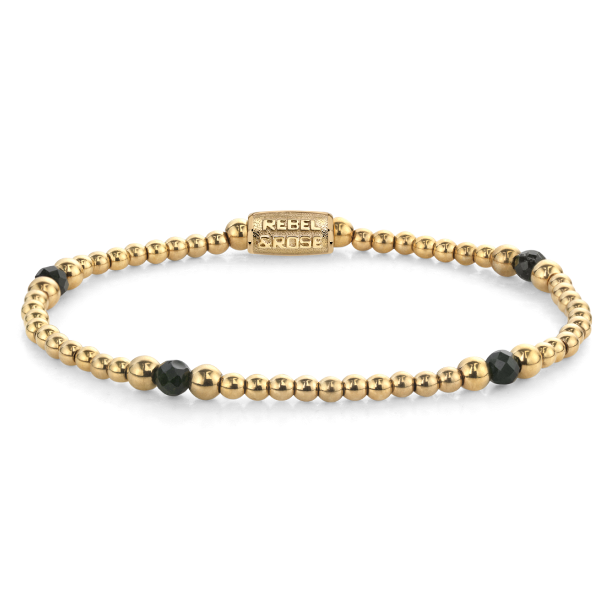 Armband van het merk Rebel & Rose. De armband heeft een hoogwaardige elastische stretch koord, met 4mm van Natural Green Sandstone, RVS 18kt ion-gold plated.
