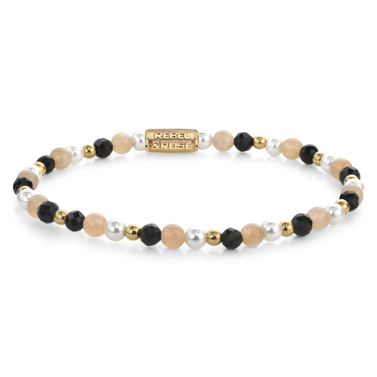 Armband van het merk Rebel & Rose. De armband heeft een hoogwaardige elastische stretch koord, met 4mm van Black Spinel, Shell Pearl, Zonnesteen, RVS 18kt ion-gold plated.