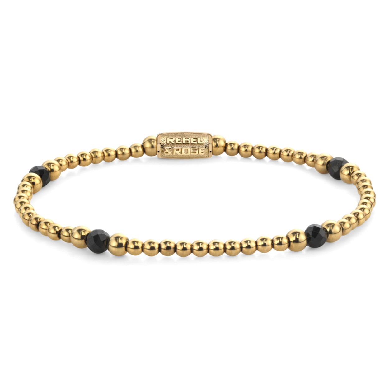 Armband van het merk Rebel & Rose. De armband heeft een hoogwaardige elastische stretch koord, met 4mm van Black Spinel, RVS 18kt ion-gold plated.