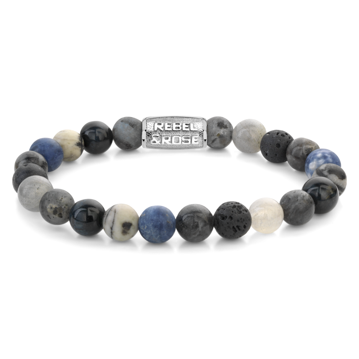 Armband van het merk Rebel & Rose. De armband heeft een hoogwaardige elastische stretch koord, met 8mm van Sodalite Blue, Black Network, Tiger Eye Blue, Larvakite Grey, Labradorite, Lava .