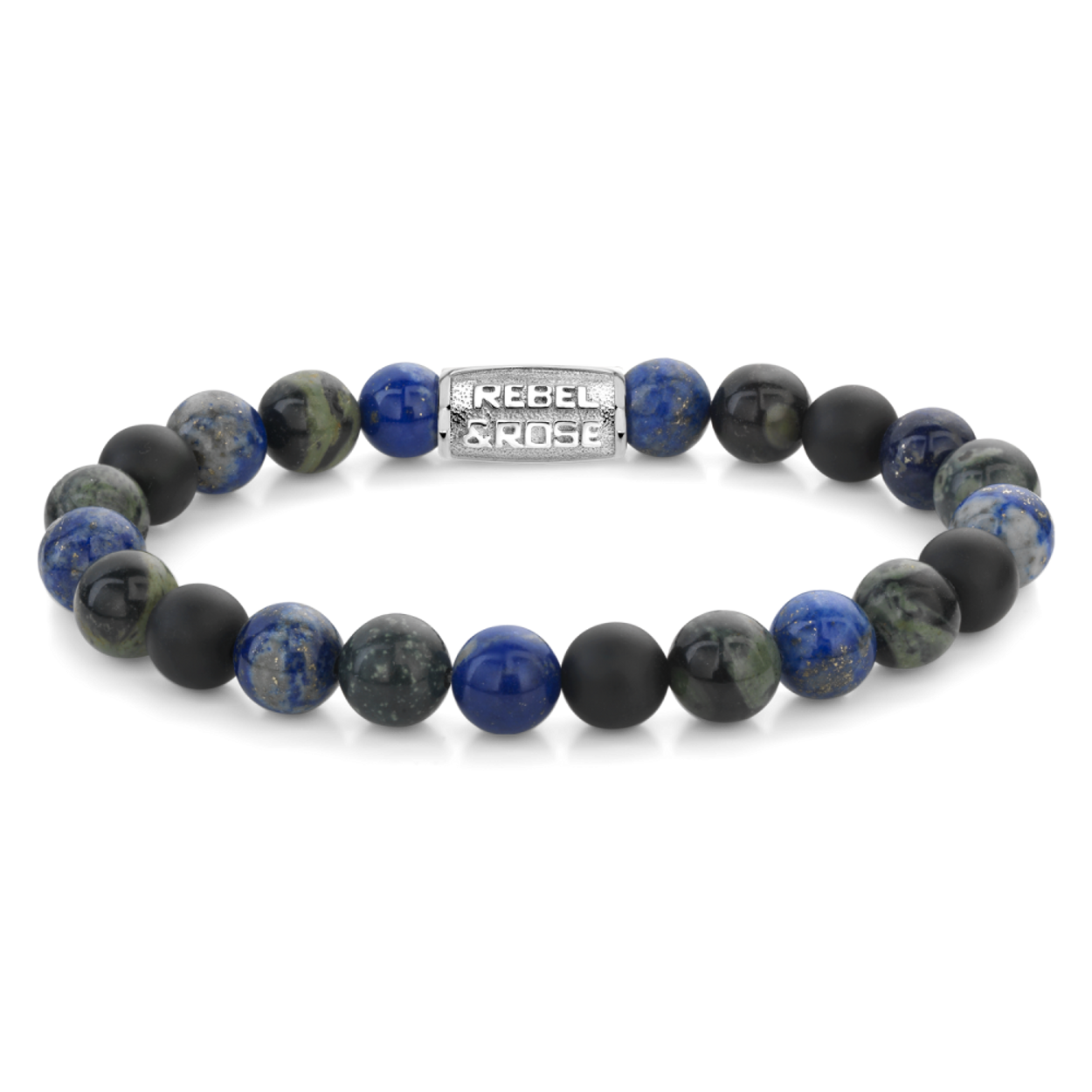 Armband van het merk Rebel & Rose. De armband heeft een hoogwaardige elastische stretch koord, met 8mm van Ryolite, Lapis Lazuli, Onyx.