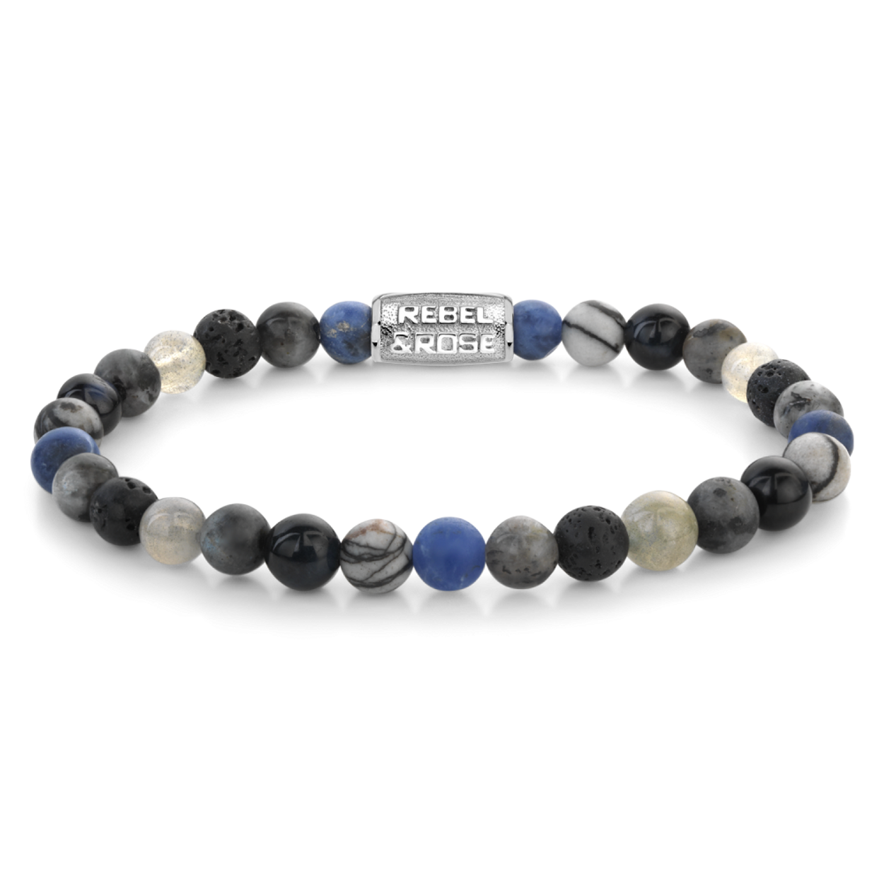 Armband van het merk Rebel & Rose. De armband heeft een hoogwaardige elastische stretch koord, met 6mm van Sodalite Blue, Black Network, Tiger Eye Blue, Larvakite Grey, Labradorite, Lava.