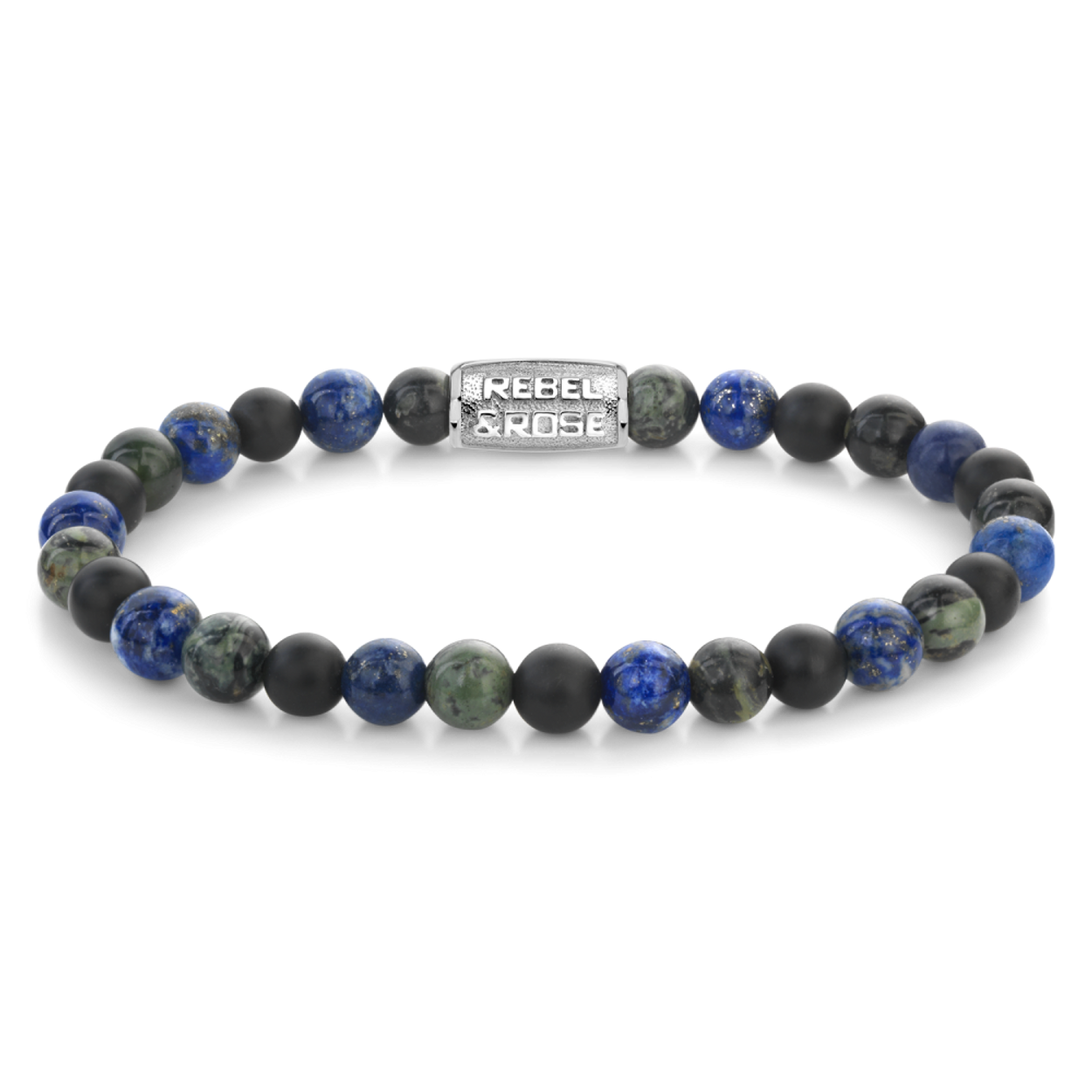 Armband van het merk Rebel & Rose. De armband heeft een hoogwaardige elastische stretch koord, met 6mm van Ryolite, Lapis Lazuli, Onyx.