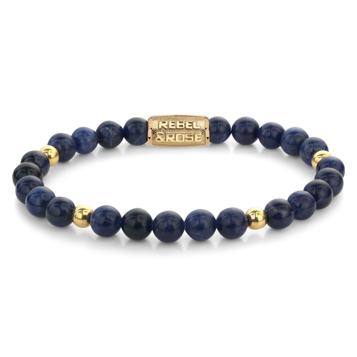 Armband van het merk Rebel & Rose. De armband heeft een hoogwaardige elastische stretch koord, met 6mm van Sodaliet, RVS 18kt ion-gold plated.