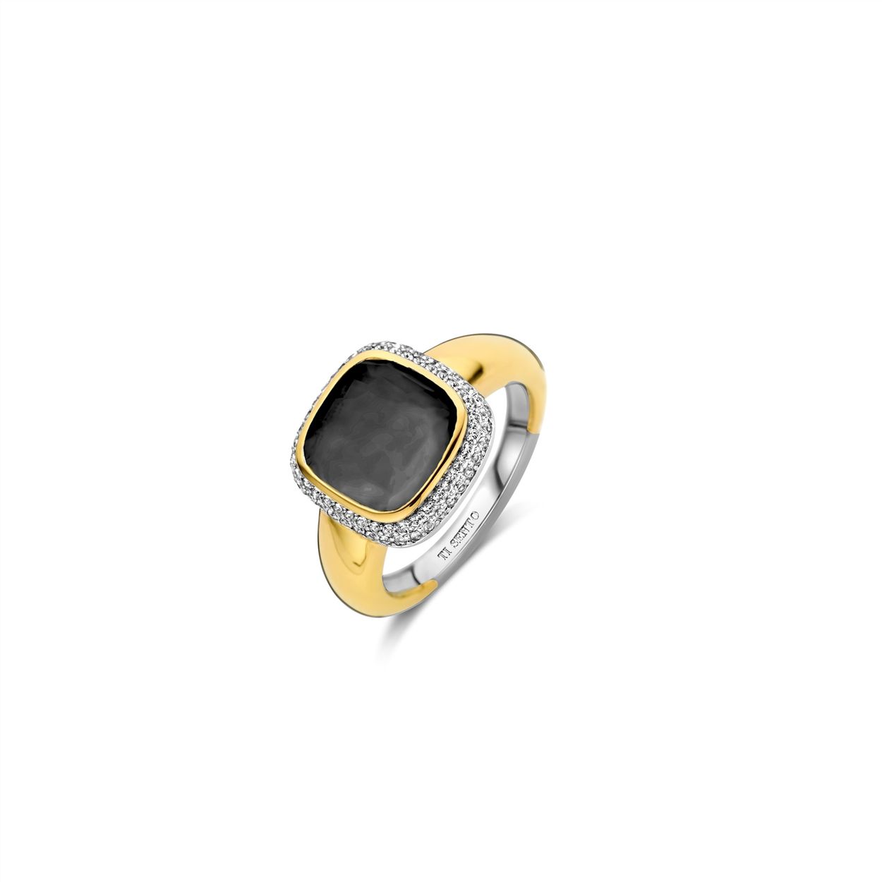 Zilver vergulde ring met grijze steen en zirc mt56