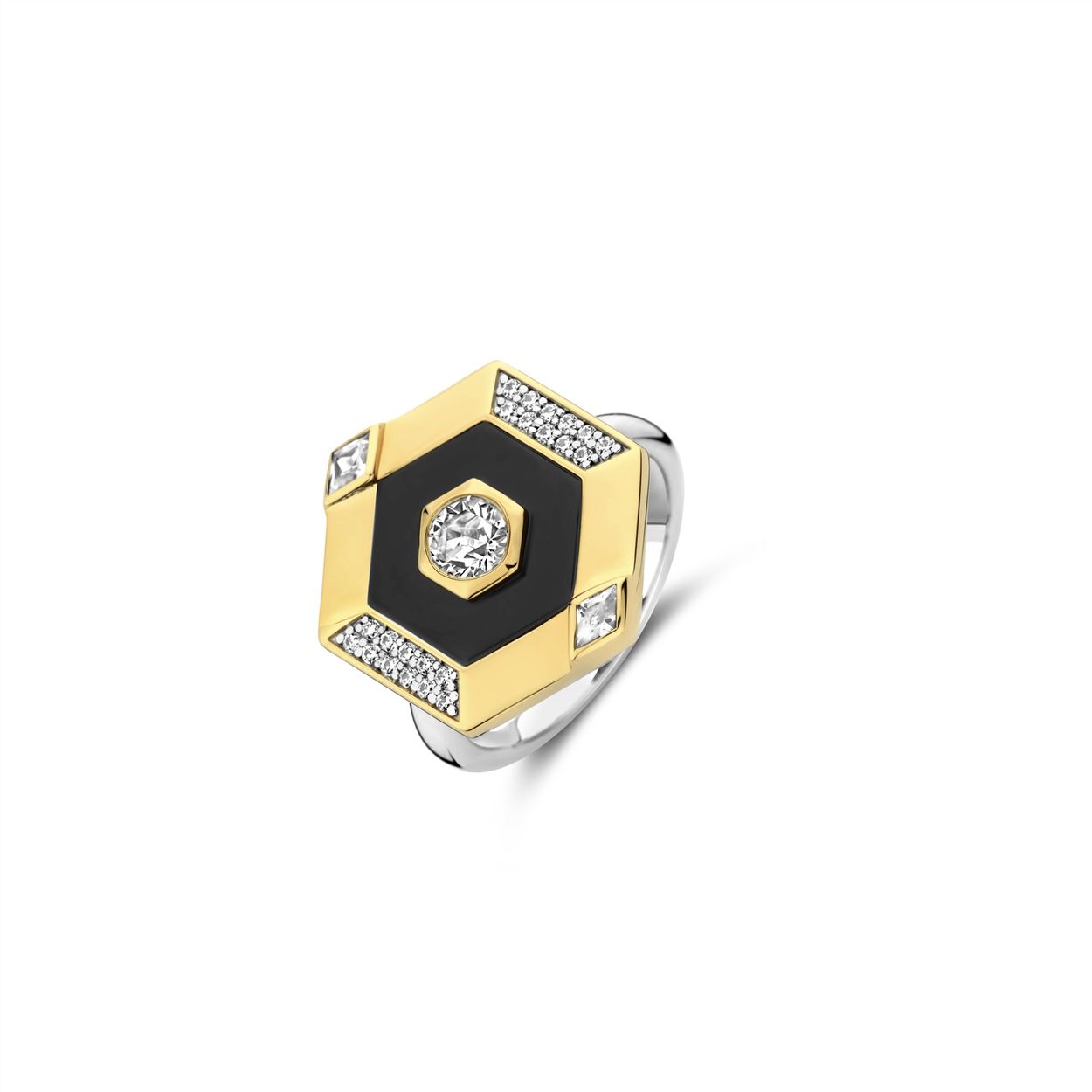 Zilver vergulde ring met zwart en zirc Mt 56