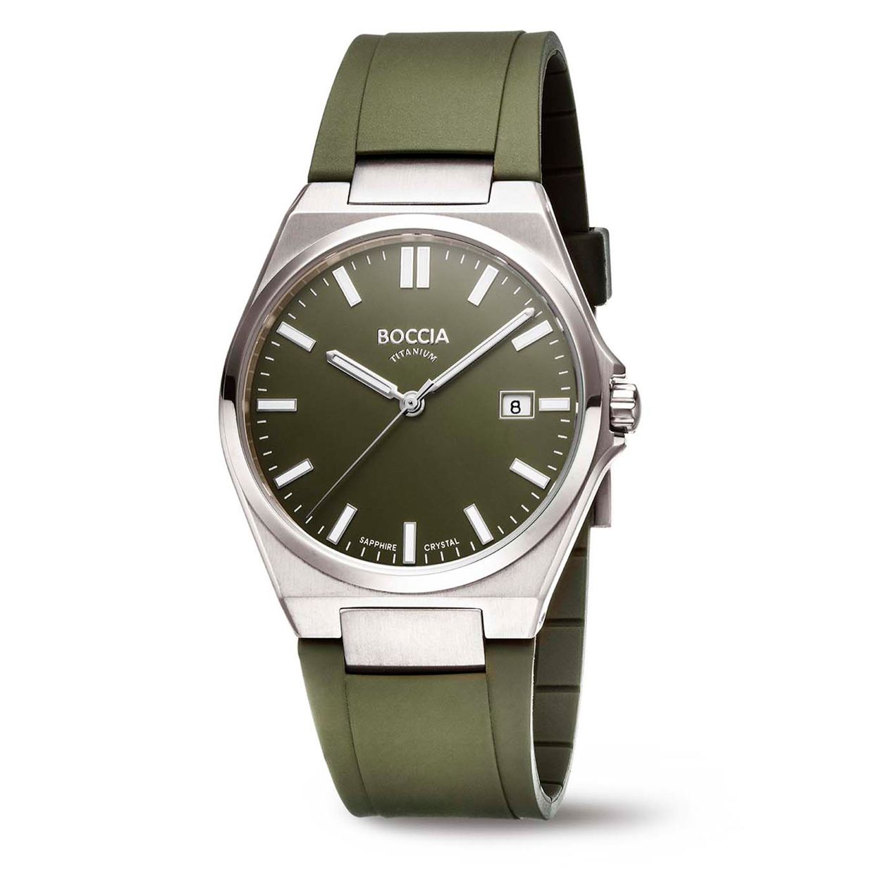 Boccia Titanium 3667-02 Heren 
Dit herenhorloge van Boccia heeft een sportieve uitstraling. De 3667-02 heeft een ronde titanium horlogekast met een groene wijzerplaat met een datum en een doorsnee van 39mm. De wijzers en uurstrepen zijn ingelegd met lumibrite. Aan de kast zit een groene siliconen band met een gespsluiting. Het horloge heeft een saffierglas en is 5ATM. Of je nu klassie of sportief gekleed gaat, dit horloge past bij elke outfit en iedere gelegenheid!

HET MERK
Boccia Titanium is het titanium merk van Nederland, dat zijn oorsprong in Duitsland vindt en is opgericht in het jaar 1992. Ontwikkeld door internationale ontwerpers. Alle titanium componenten van de BOCCIA TITANIUM collectie zijn gemaakt van 99,7% puur titanium; het bijzondere materiaal. Het is licht in gewicht, neemt de temperatuur van de huid aan en is zeer huidvriendelijk. Bovendien is het corrosie- en temperatuurbestendig.

SPECIFICATIES
- Saffierglas
- Ronde titanium horlogekast, Ø39mm
- Siliconen band 
- Groene wijzerplaat 
- 5ATM