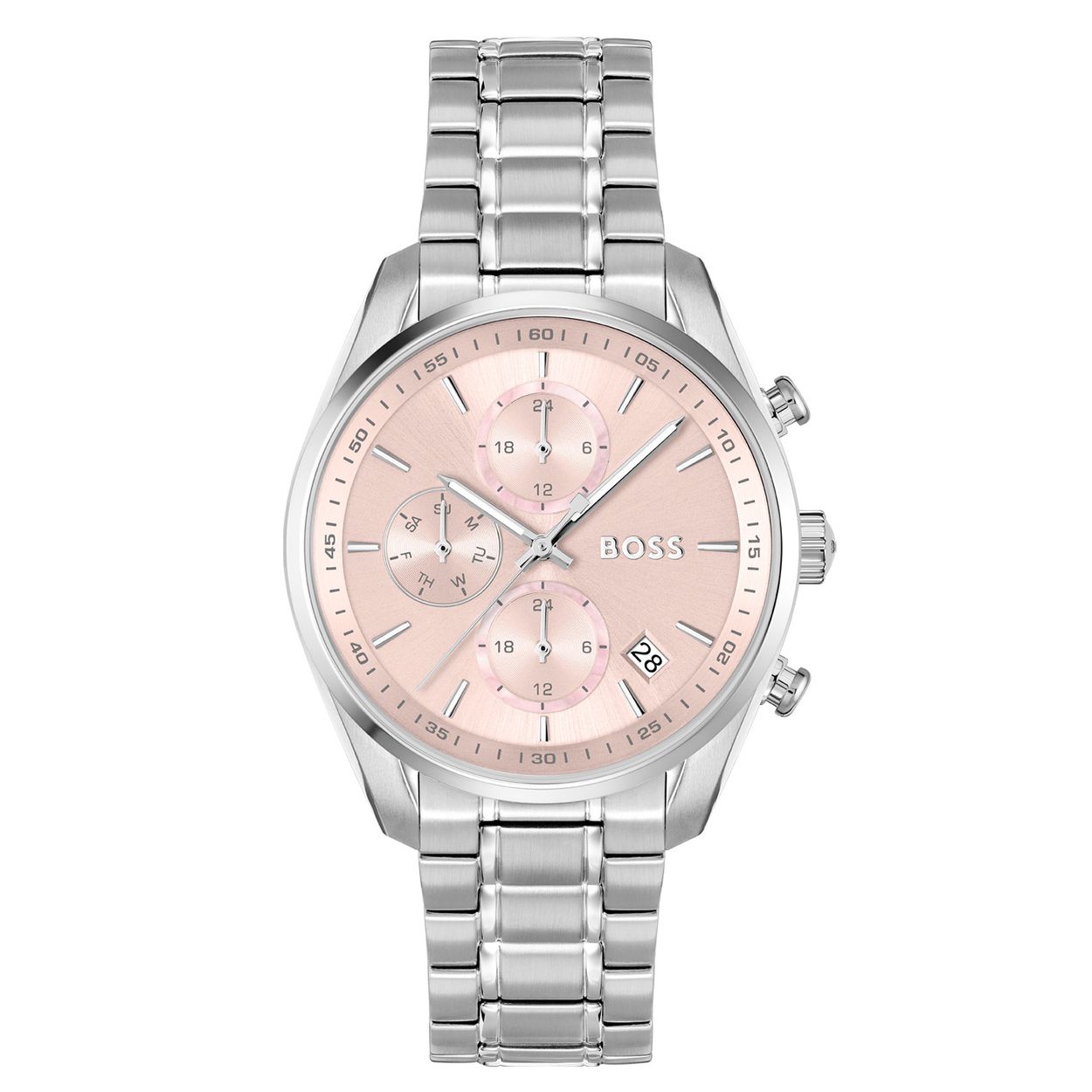 BOSS HB1502765 GRAND TOUR LADIES Dameshorloge 38mm 
Dit BOSS horloge uit de GRAND TOUR LADIES serie met artikelnr: HB1502765 heeft een luxe sportieve uitstraling. Zeer geschikt voor de moderne stijlvolle vrouw van nu. Het dameshorloge valt op door zijn stalen horlogekast met een gladde bezel en een roze sunray wijzerplaat met een dag, datum en 24-uursaanduiding. Opvallend zijn de fijne wijzers. Aan de kast zit een stalen mat glanzende schakelband met een vouwsluiting. Het horloge heeft een doorsnee van 38mm met een mineraalglas en is 3ATM. 

HET MERK:
HUGO BOSS is afgestemd op levensstijlen waar het gaat om kwaliteit en precisie. Het wereldwijde fashionlabel is verdeeld in twee merken: BOSS en HUGO. Het merk BOSS biedt geavanceerde, moderne horloges gericht op kwaliteit en design om een onberispelijke look te creëren – of het nu zakelijk, casual of sportief is. De horloge collectie van BOSS is perfect afgestemd op levensstijlen waar het gaat om kwaliteit en precisie. BOSS is op maat gemaakt in een onberispelijke stijl.

Blijf stijlvol bij de tijd. Voor de BOSS-vrouw is stijl het handelsmerk en draait alles om
details. Breng uw look naar een hoger niveau met onze nieuwe en kenmerkende horlogecollectie.

SPECIFICATIES:
- Mineraalglas
- Ronde kastvorm, Ø 38mm
- Stalen horlogekast
- Roze wijzerplaat
- Stalen schakelband
- 3ATM