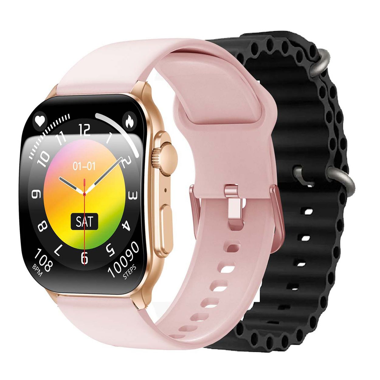 SMARTY2.0 SW080B Smartwatch Alloy Siliconen 46x37mm
Dit Smarty Smartwatch horloge met nr: SW080B is een stap in de toekomst. De rosékleurige kast is gemaakt van metaal met een gehard glas. Aan de kast zit een roze siliconen band met een gespsluiting. Het rechthoekige horloge heeft een afmeting van 46x37mm en is spatwaterdicht. Bij deze uitvoering krijg je een zwarte siliconen band kado. Deze smartwatch is sportief, stijlvol, maar zeker gebruiksvriendelijk. Om door apps, berichten en tekst te bladeren hoeft je alleen maar op het glas te tikken of de knop te gebruiken. 

Merk:
SMARTY2.0
Smartwatches verbinden je met de wereld. 
SMARTY2.0 biedt een brede keuze aan vormen en functionaliteiten. Een ronde of rechthoekige smartwatch? Eentje voor de smalle pols? Een ladies watch of een kids watch?  SMARTY2.0 heeft het allemaal.
De keuze qua functionaliteiten is onuitputtelijk: bluetooth bellen, stappenteller, hartslag- en bloeddrukmeter,  meerdere verschillende sporttrackers, menstruatie en ovulatie herinneringen, ingebouwde GPS, vind mijn smartphone en heel veel meer. Maak je eigen keuze.
Iedere SMARTY werkt zowel met iOS als met Android en is moeiteloos via een QR-code te koppelen met iedere mobiele telefoon. Misschien wel dé makkelijkste smartwatch voor iedereen.
SMARTY2.0 staat voor hoge kwaliteit in een betaalbaar prijssegment: € 79 - € 199.

Highlights:
- Geschikt voor Android en iOS  
- De Smartwatch heeft Bluetooth call 
- Hoge batterij efficientie
- 24 uur hartritme meting
- Bevat smart music 
- Door de verschillende meters en tellers is het mogelijk om onder andere de hartslag, stappen, snelheid, slaap, luchtdruk, stress, hoogte- en diepte te meten
- D.m.v. de ingebouwde GPS, is het mogelijk om offline te navigeren en achteraf je route terug te kijken (zonder dat de telefoon in de buurt is)
- Stof,- Waterdichtheid: IP68
