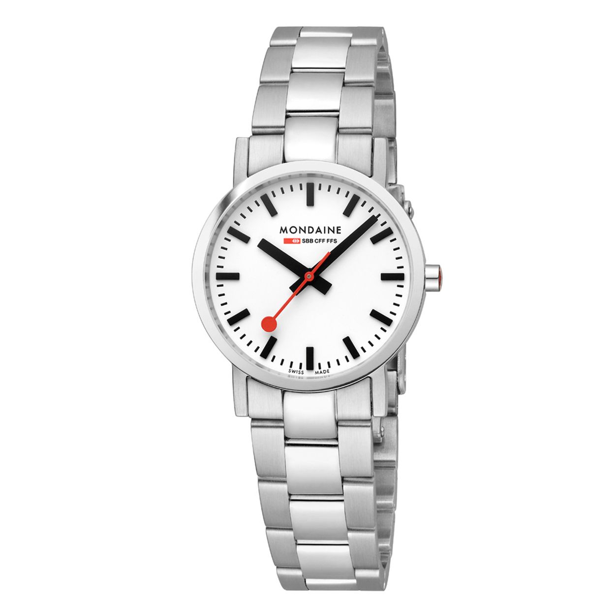 Mondaine M658.30323.11SBJ Classic Staal 30mm
Dit design horloge uit de Mondaine Classic serie heeft een geborsteld horlogekastje van 30mm met een witte wijzerplaat met een duidelijke zwarte uursaanduiding. Aan het ronde horlogekastje zit een mat glanzende stalen schakelband met een vouwsluiting. Het horloge heeft vlak krasvast saffierglas en is 5ATM. Het Swiss Railway horloge heeft een zwitsers precisie quarts uurwerk. Opvallend is de rode secondewijzer. Maak een statement met dit verfijnde en klassieke uurwerk!

HET MERK
The Official Swiss Railway Watch. Gebaseerd op de officiële stationsklok van de Zwitserse spoorwegen, is 30 jaar geleden de horlogelijn onder het merk Mondaine opgezet. Zwitserse kwaliteitsuurwerken, net zo punctueel als de Zwitserse treinen. Een echte design klassieker met een unieke wijzerplaat, en de wereldberoemde rode secondewijzer met bolletje. Herkenbaar uit duizenden. De Stop2Go is het paradepaardje van Mondaine. De Zwitserse spoorwegen (SBB) staan bekend om hun punctualiteit en dit is te danken aan het principe van het uurwerk: door 58 seconden iets te snel te lopen en 2 seconden stil te staan op de 12, kan iedere Zwitserse trein exact op het hele uur vertrekken. Terwijl de secondewijzer stilstaat, springt de minutenwijzer een streepje verder. De dubbele aandrijving die dit principe mogelijk maakt, vergt meer energie dan andere uurwerken. Daarom is de Stop2Go, die net zo werkt als de stationsklok, uitgerust met een extra sterke batterij die twee jaar mee gaat.

SPECIFICATIES  
- Classic serie
- Vlak ontspiegeld krasvast saffierglas
- Strakke ronde kastvorm, Ø 30mm
- RVS horlogekast 
- Witte wijzerplaat van de originele stationsklok
- Stalen schakelband
- 5ATM