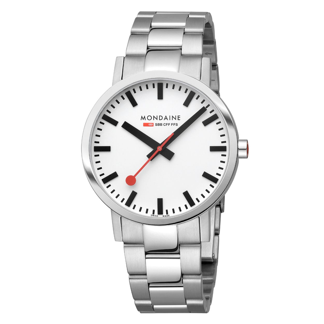 Mondaine M660.30360.11SBJ Classic Staal 40mm
Dit design horloge uit de Mondaine Classic serie heeft een geborsteld horlogekastje van 40mm met een witte wijzerplaat met een duidelijke zwarte uursaanduiding. Aan het ronde horlogekastje zit een mat glanzende stalen schakelband met een vouwsluiting. Het horloge heeft vlak krasvast saffierglas en is 5ATM. Het Swiss Railway horloge heeft een zwitsers precisie quarts uurwerk. Opvallend is de rode secondewijzer. Maak een statement met dit verfijnde en klassieke uurwerk!

HET MERK
The Official Swiss Railway Watch. Gebaseerd op de officiële stationsklok van de Zwitserse spoorwegen, is 30 jaar geleden de horlogelijn onder het merk Mondaine opgezet. Zwitserse kwaliteitsuurwerken, net zo punctueel als de Zwitserse treinen. Een echte design klassieker met een unieke wijzerplaat, en de wereldberoemde rode secondewijzer met bolletje. Herkenbaar uit duizenden. De Stop2Go is het paradepaardje van Mondaine. De Zwitserse spoorwegen (SBB) staan bekend om hun punctualiteit en dit is te danken aan het principe van het uurwerk: door 58 seconden iets te snel te lopen en 2 seconden stil te staan op de 12, kan iedere Zwitserse trein exact op het hele uur vertrekken. Terwijl de secondewijzer stilstaat, springt de minutenwijzer een streepje verder. De dubbele aandrijving die dit principe mogelijk maakt, vergt meer energie dan andere uurwerken. Daarom is de Stop2Go, die net zo werkt als de stationsklok, uitgerust met een extra sterke batterij die twee jaar mee gaat.

SPECIFICATIES  
- Classic serie
- Vlak ontspiegeld krasvast saffierglas
- Strakke ronde kastvorm, Ø 40mm
- RVS horlogekast 
- Witte wijzerplaat van de originele stationsklok
- Stalen schakelband
- 5ATM