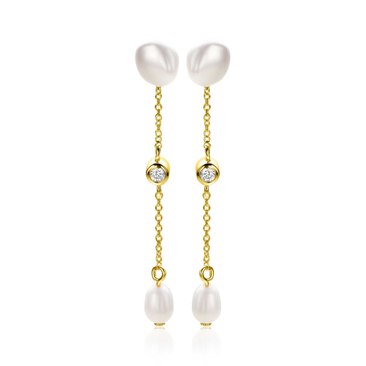 40mm ZINZI gold plated zilveren oorstekers met kettinkje en ovale witte zoetwaterparels ZIO2657