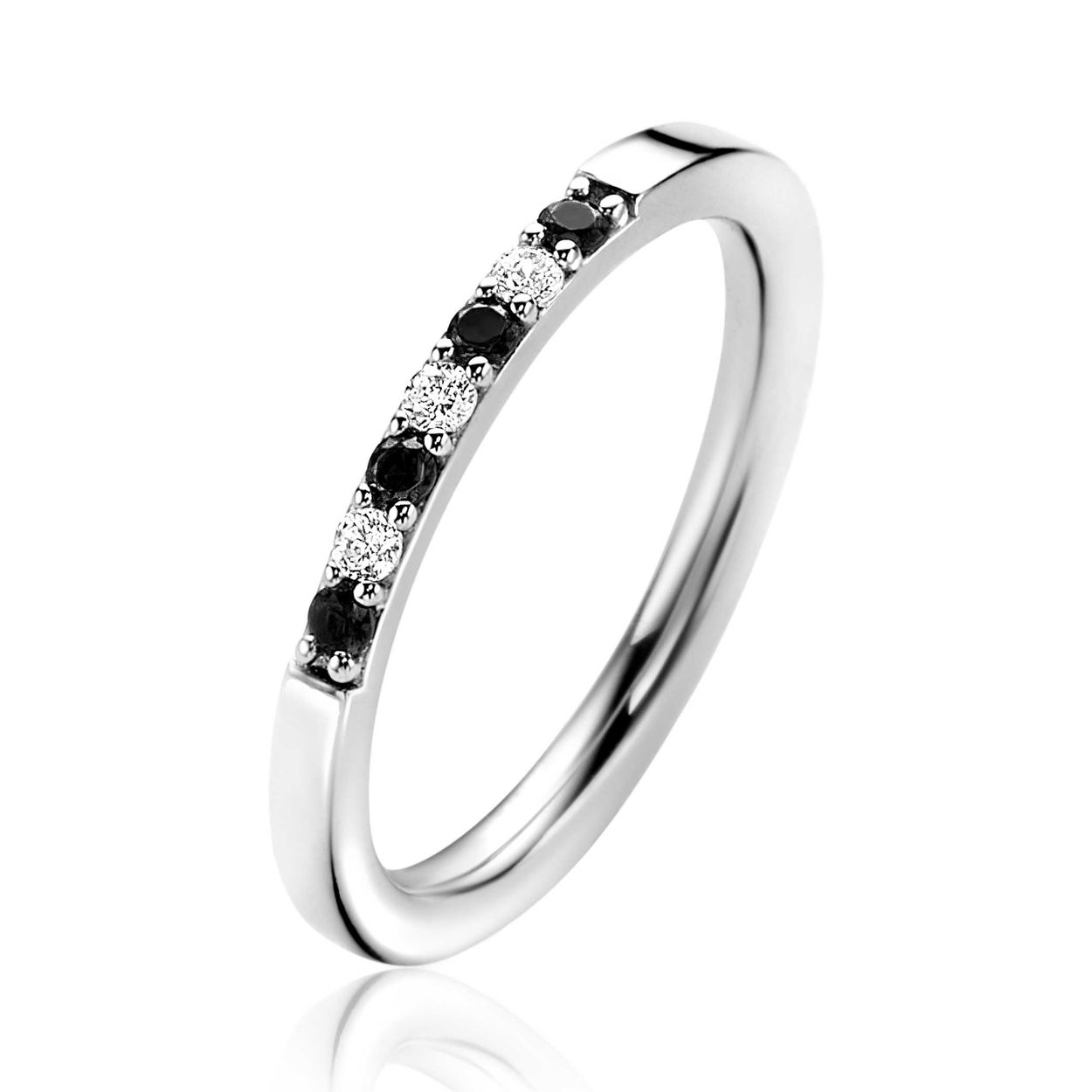 ZINZI aanschuifring zilver 2mm breed in chatonzettingen bezet met witte en zwarte zirkonia's ZIR2559Z-56