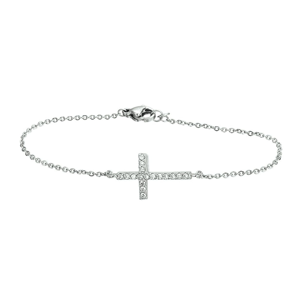 Gerhodineerd zilveren armband met een kruis van zirkonia. De armband is onderdeel van een set. De lengte van de armband bedraagt 15.5cm met 2.5cm extensie. De schakelbreedte bedraagt 1.3mm.