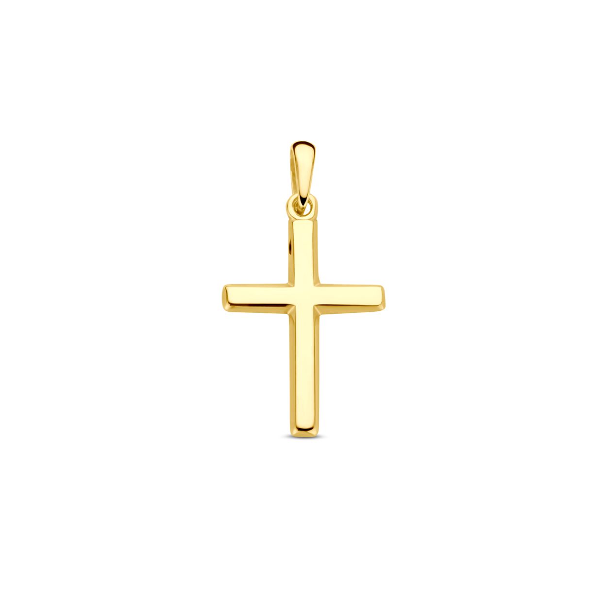 14k Geelgouden hanger uitgevoerd in de vorm van een kruis. De hanger heeft een totale hoogte van 23mm. Het kruis heeft een afmeting van 17x12mm.