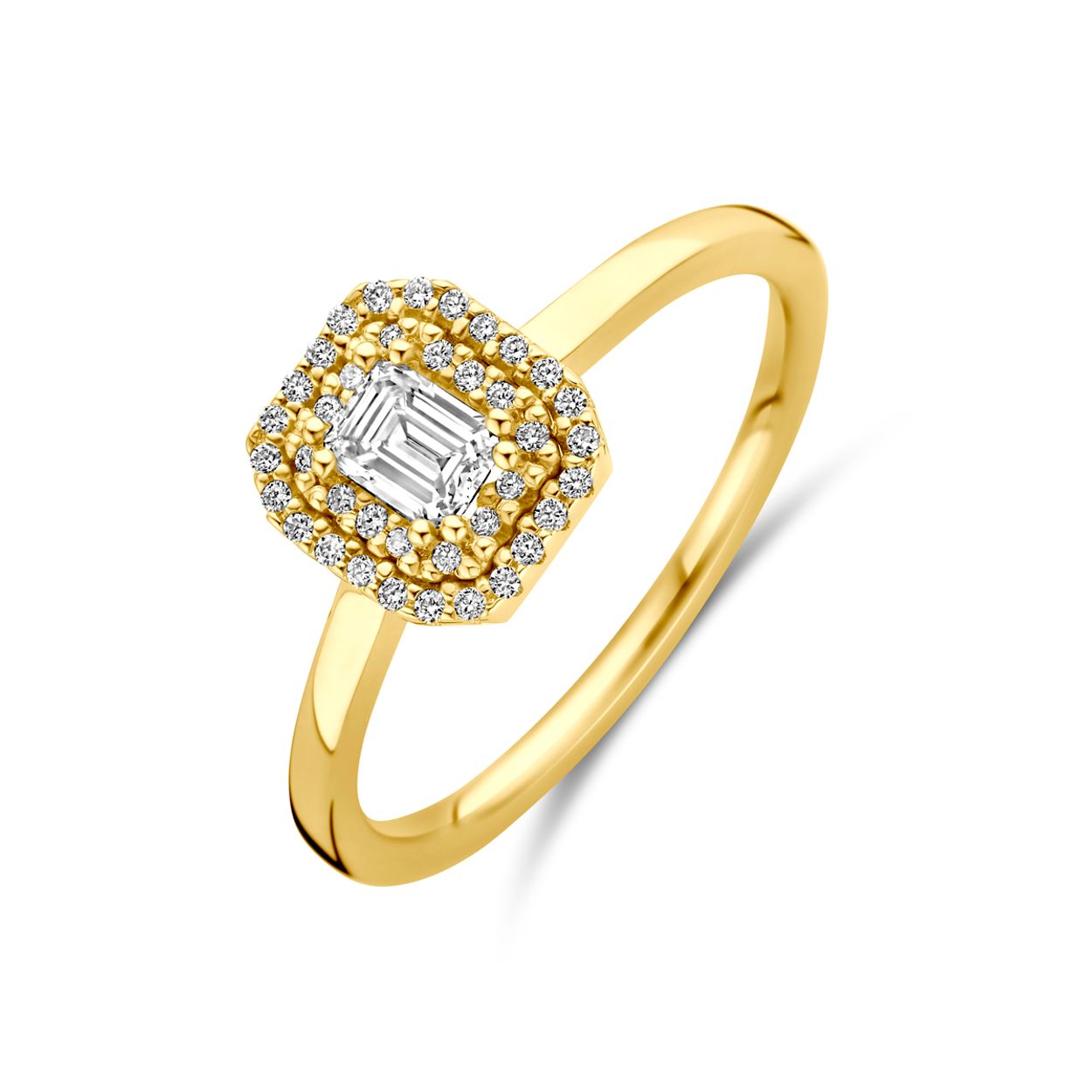 14k Geelgouden ring uitgevoerd met diamant. De ring heeft een breedte van 8.5mm. Het totale diamantgewicht is 0.36ct.