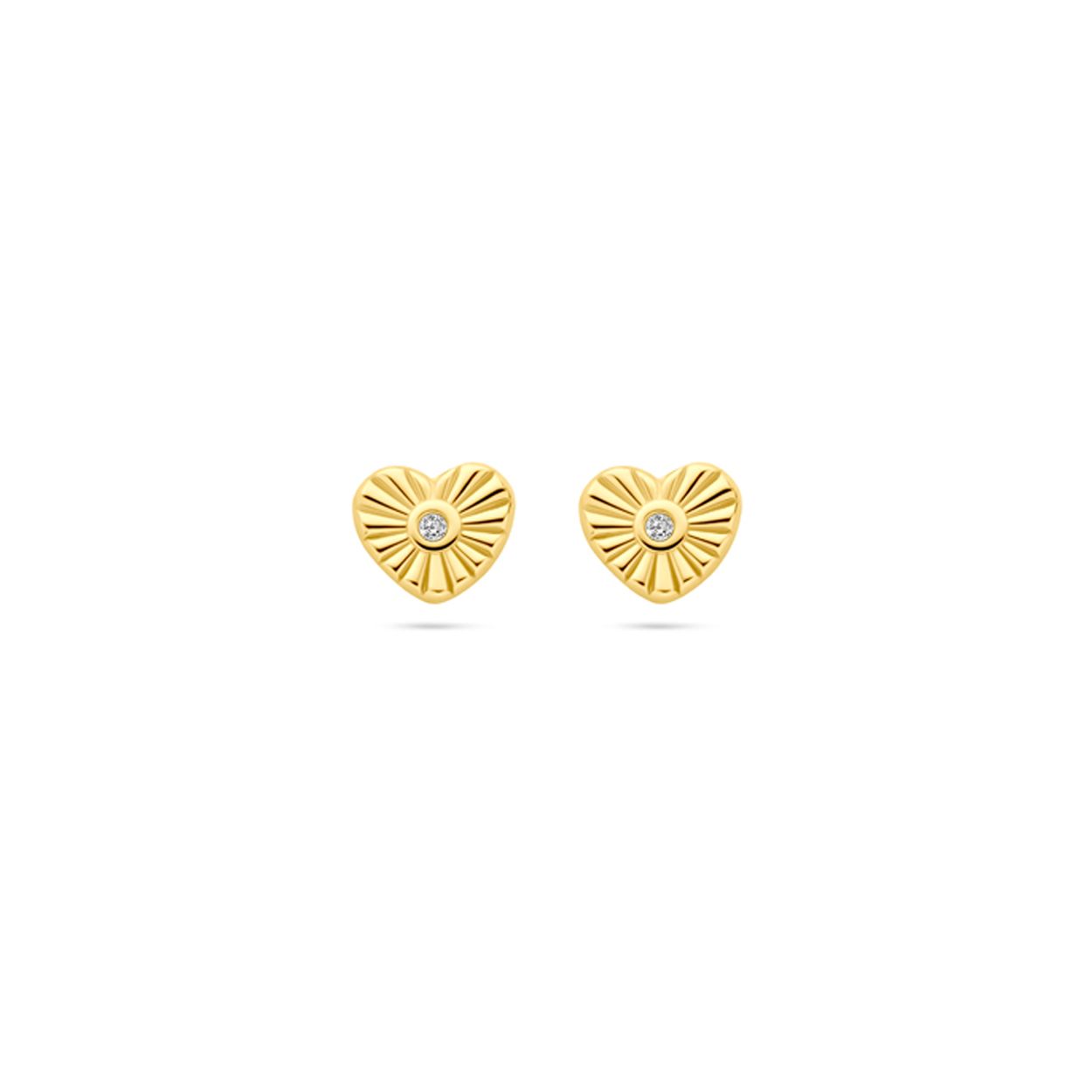 14k Geelgouden oorknoppen in de vorm van een hartje uitgevoerd met een zirkonia. De oorknoppen hebben een diameter van 4.5mm.