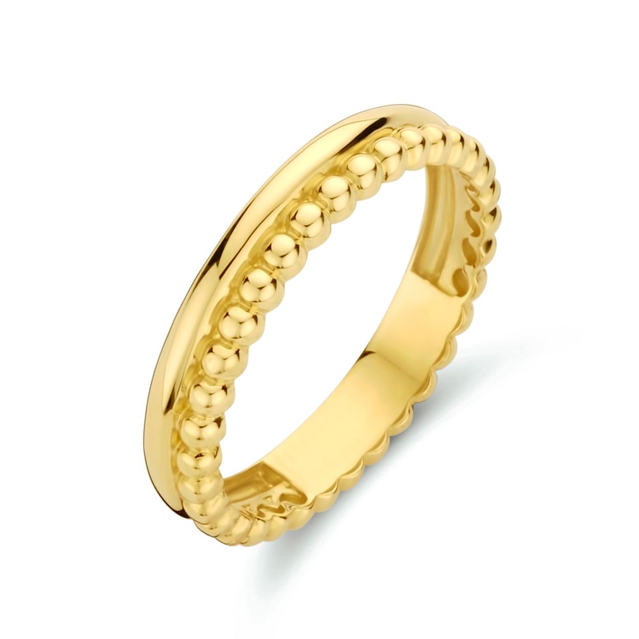 14k Geelgouden ring uitgevoerd met bolletjes. De ring heeft een breedte van 3.4mm.