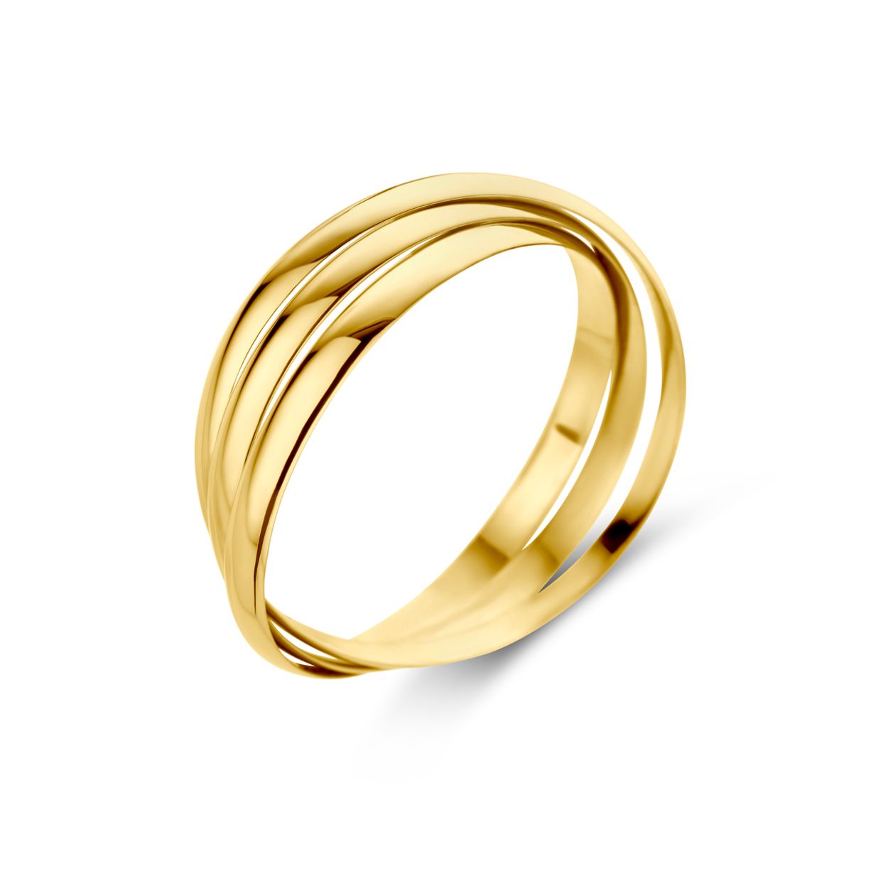 14k Geelgouden ring bestaande uit 3 in elkaar geplaatste losse ringen. De losse ringen hebben elk een breedte van 1.9mm.