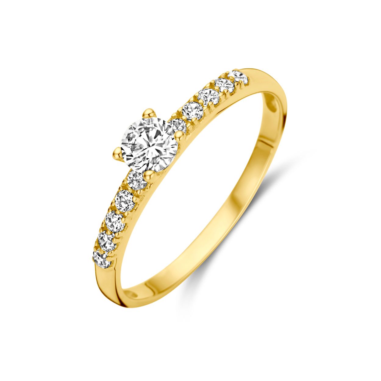 14k Geelgouden ring uitgevoerd met zirkonia. De ring heeft een breedte van 4mm.