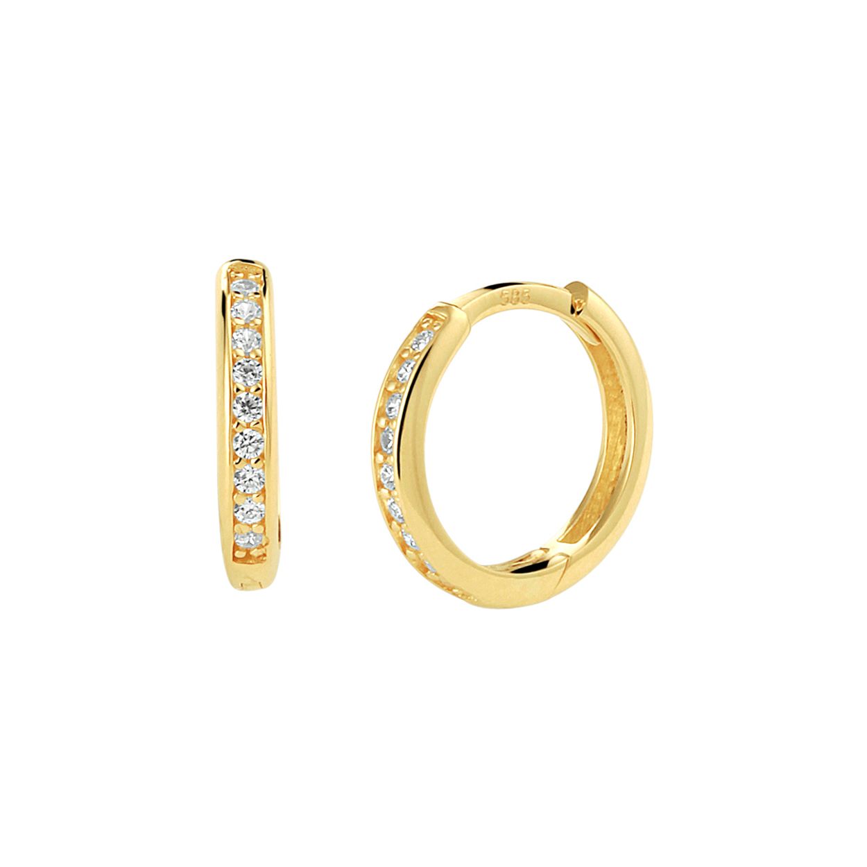 14k Geelgouden klapoorringen uitgevoerd met een schitterende zirkonia rij. De oorringen hebben een breedte van 2mm.