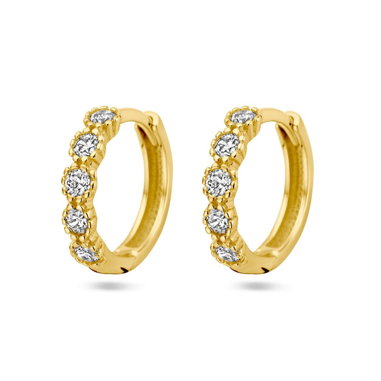 14k Geelgouden klapoorringen uitgevoerd met zirkonia. De klapoorringen hebben een afmeting van 13x2.8mm.