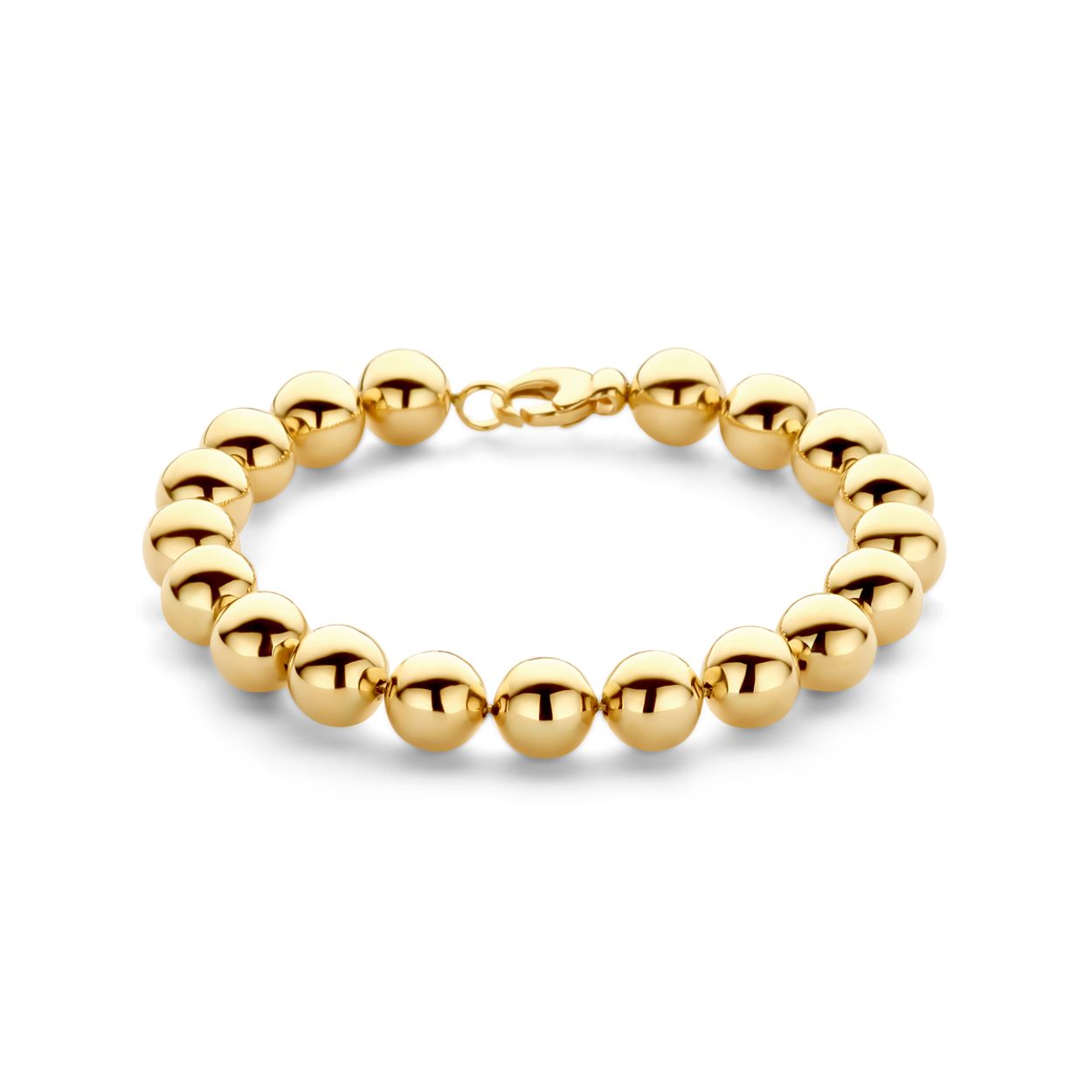14k Geelgouden armband uitgevoerd met bolletjes van 10mm. De armband heeft een draaglengte van 21cm.