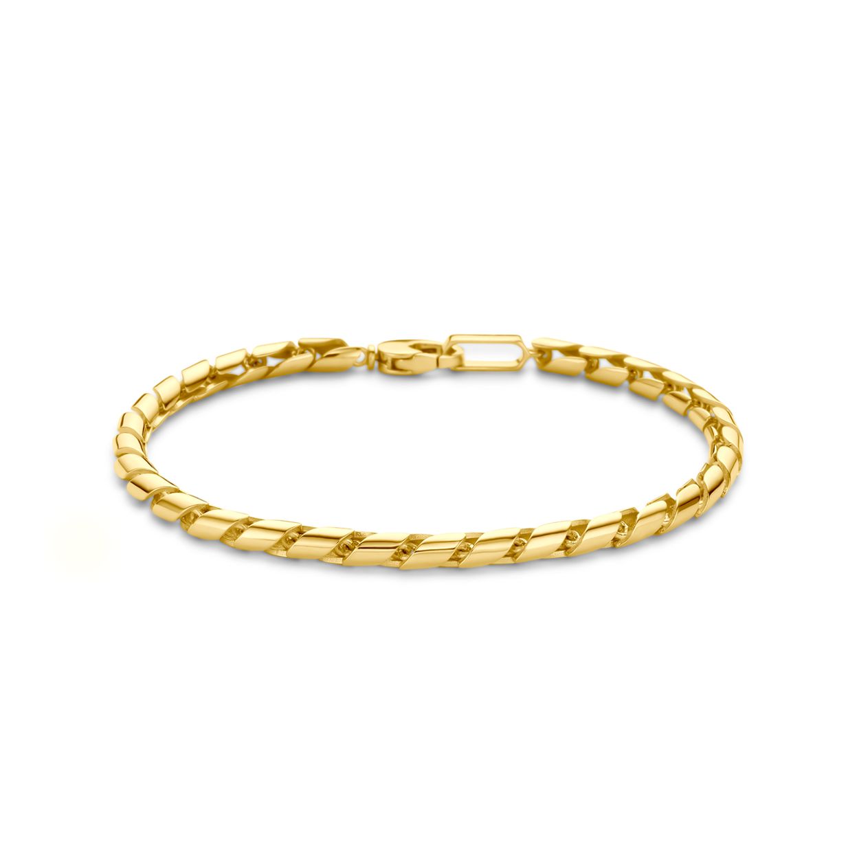 14k Geelgouden armband met een schakelbreedte van 4mm en draaglengte van 21cm. Uitgevoerd met karabijnsluiting.
