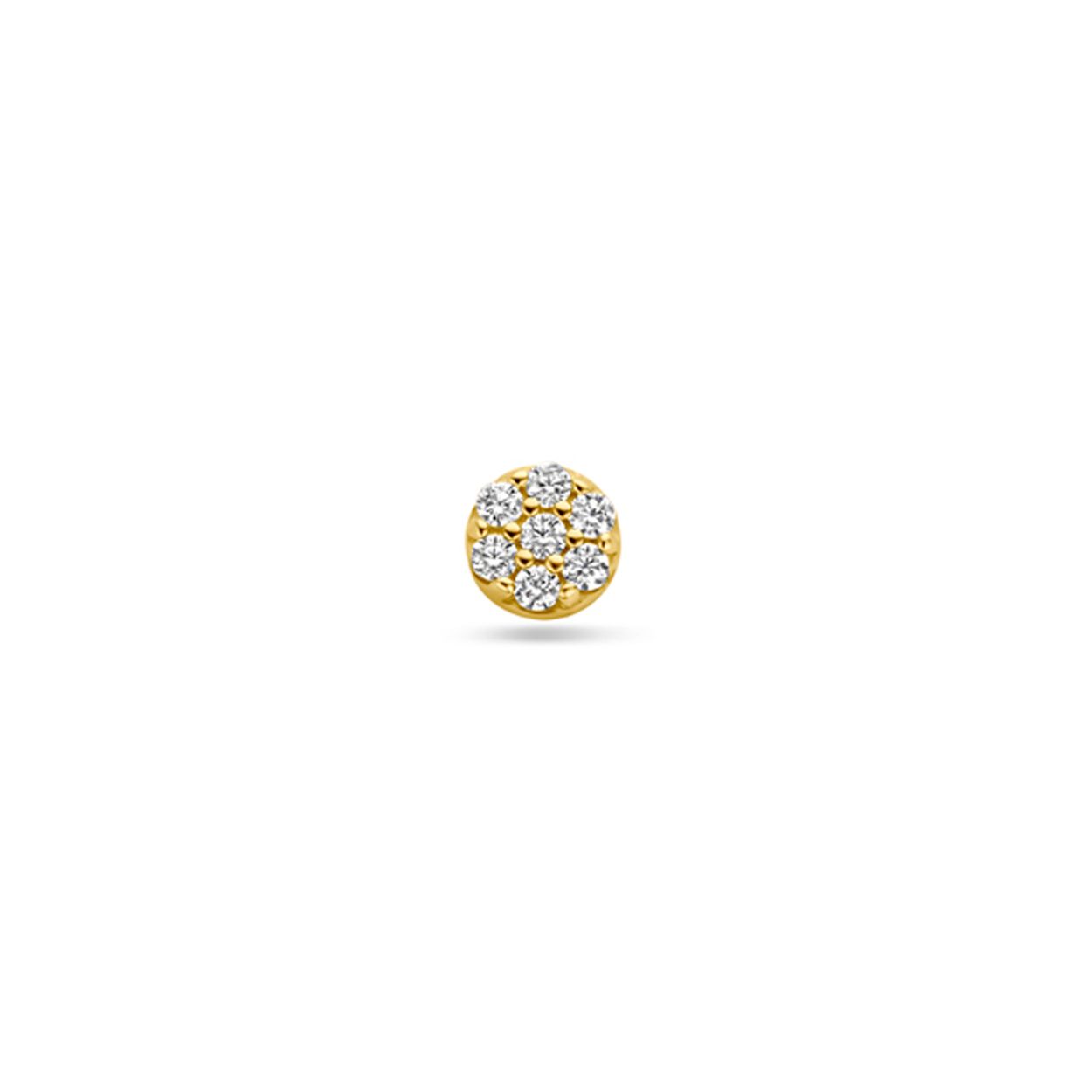 14k Geelgouden flat back piercing met schroefdraad uitgevoerd met zirkonia. Deze piercing heeft&nbsp;een diameter van 3.5mm, een buis lengte van 8mm en een buisdikte van 1.0mm.&nbsp;Let op, per stuk leverbaar.