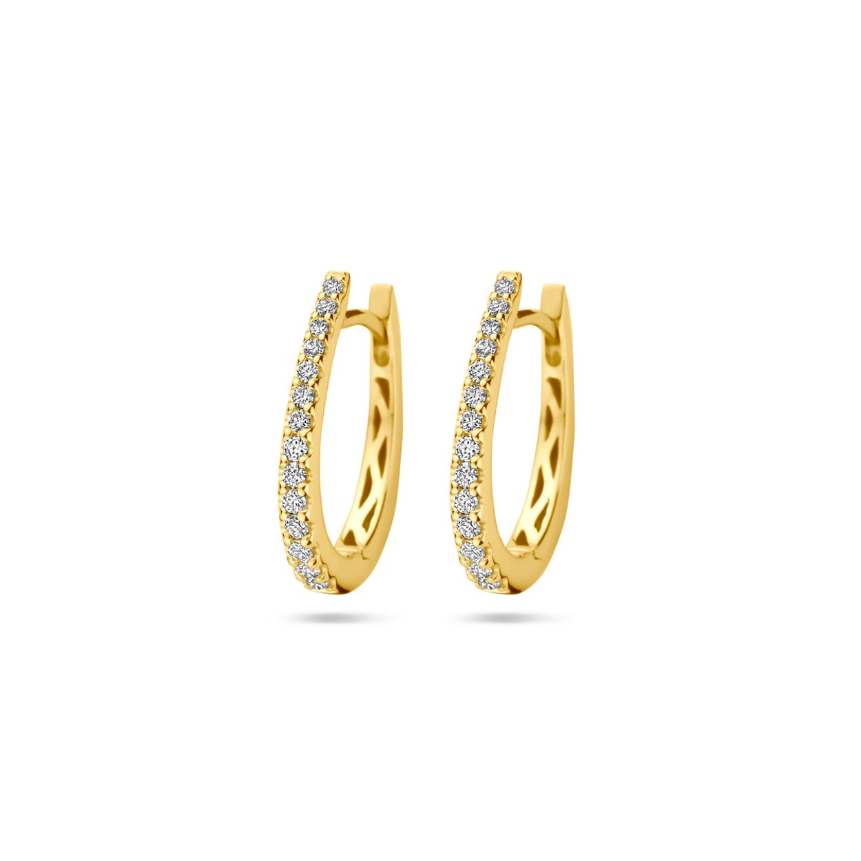 Geelgouden klapoorringen uitgevoerd met diamant. 
De oorringen hebben een buisdikte van 2.5mm en zijn 18,5mm hoog