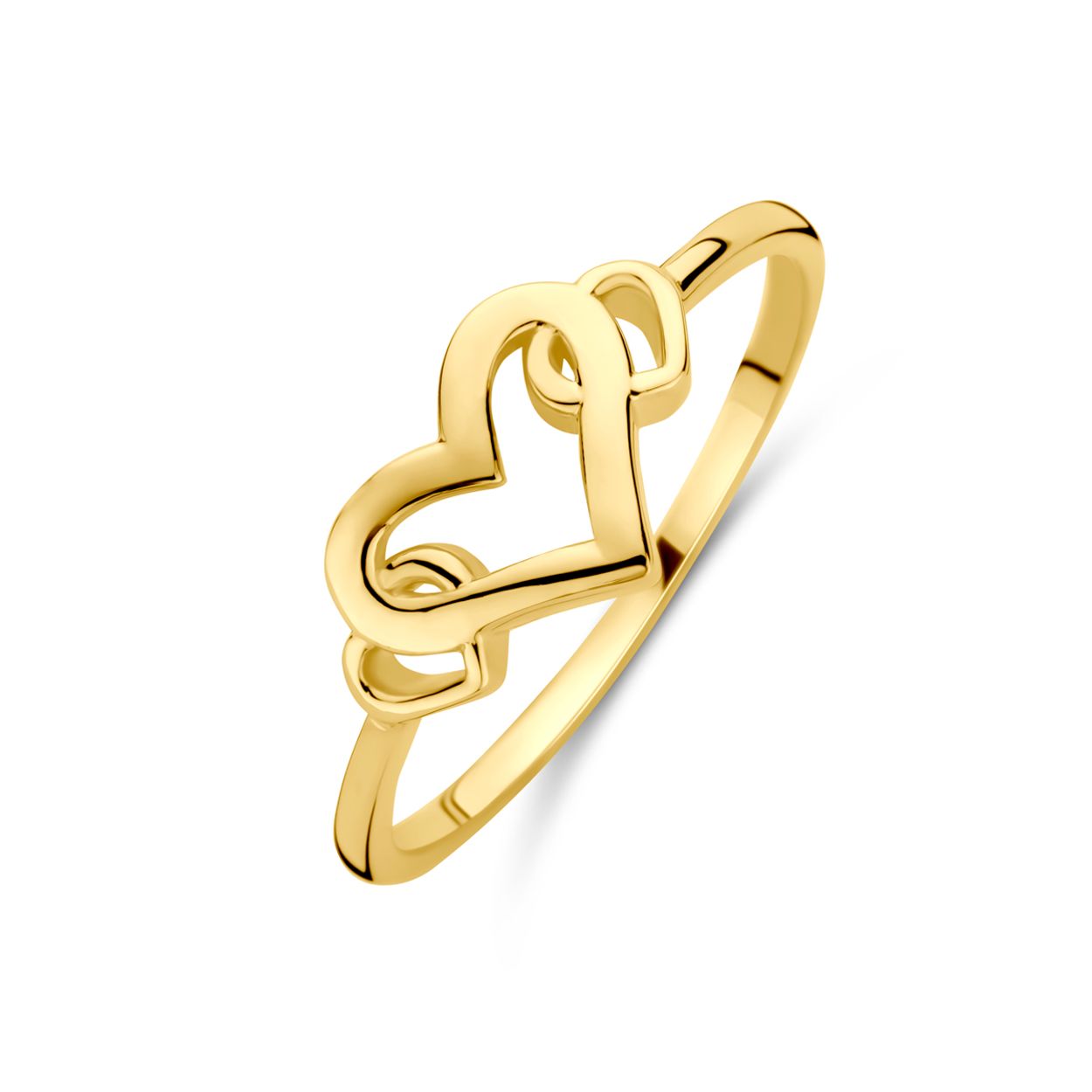 14k Geelgouden ring uitgevoerd met hartjes. De ring heeft een breedte van 7.5mm.