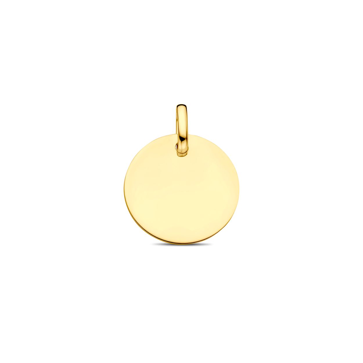 9k Geelgouden graveerhanger met een diameter van 13.5mm. Deze hanger heeft een laag goudgehalte, nl 375/1000.