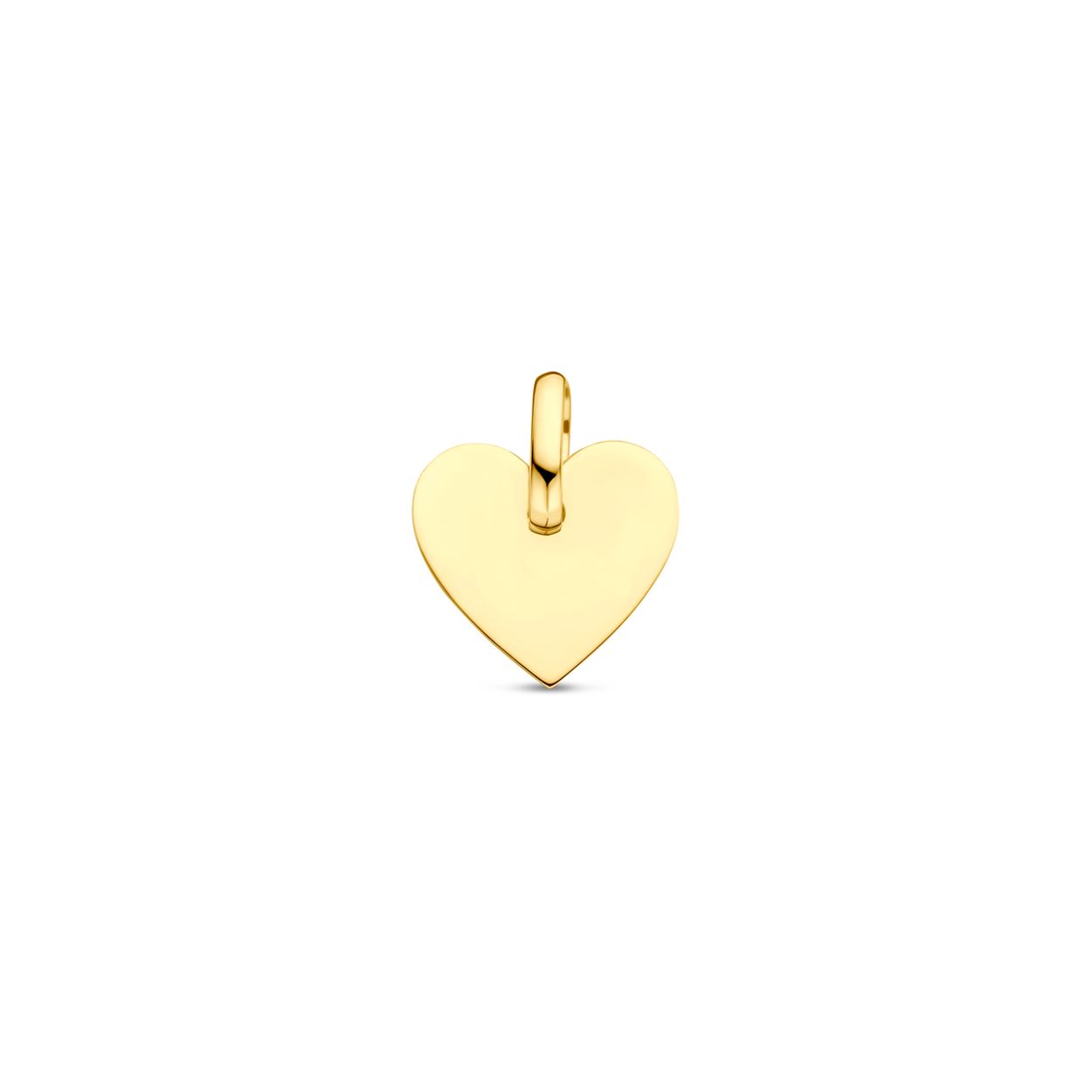 9k Geelgouden graveerhanger uitgevoerd met een hart. De hanger heeft een totale hoogte van 13mm.