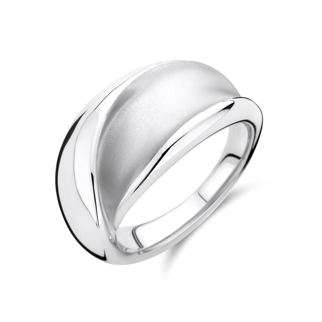 Gerhodineerd 925 zilveren ring uitgevoerd in poli/mat. De ring heeft een breedte van 11.5mm.